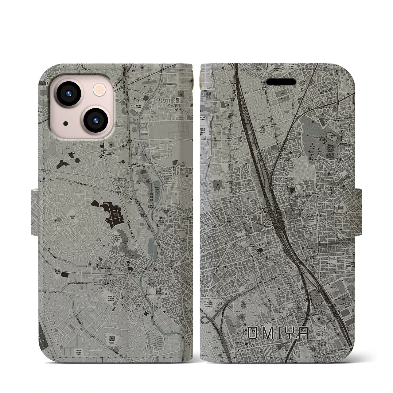 【大宮(埼玉県)】地図柄iPhoneケース(手帳タイプ)モノトーン・iPhone 13 mini 用