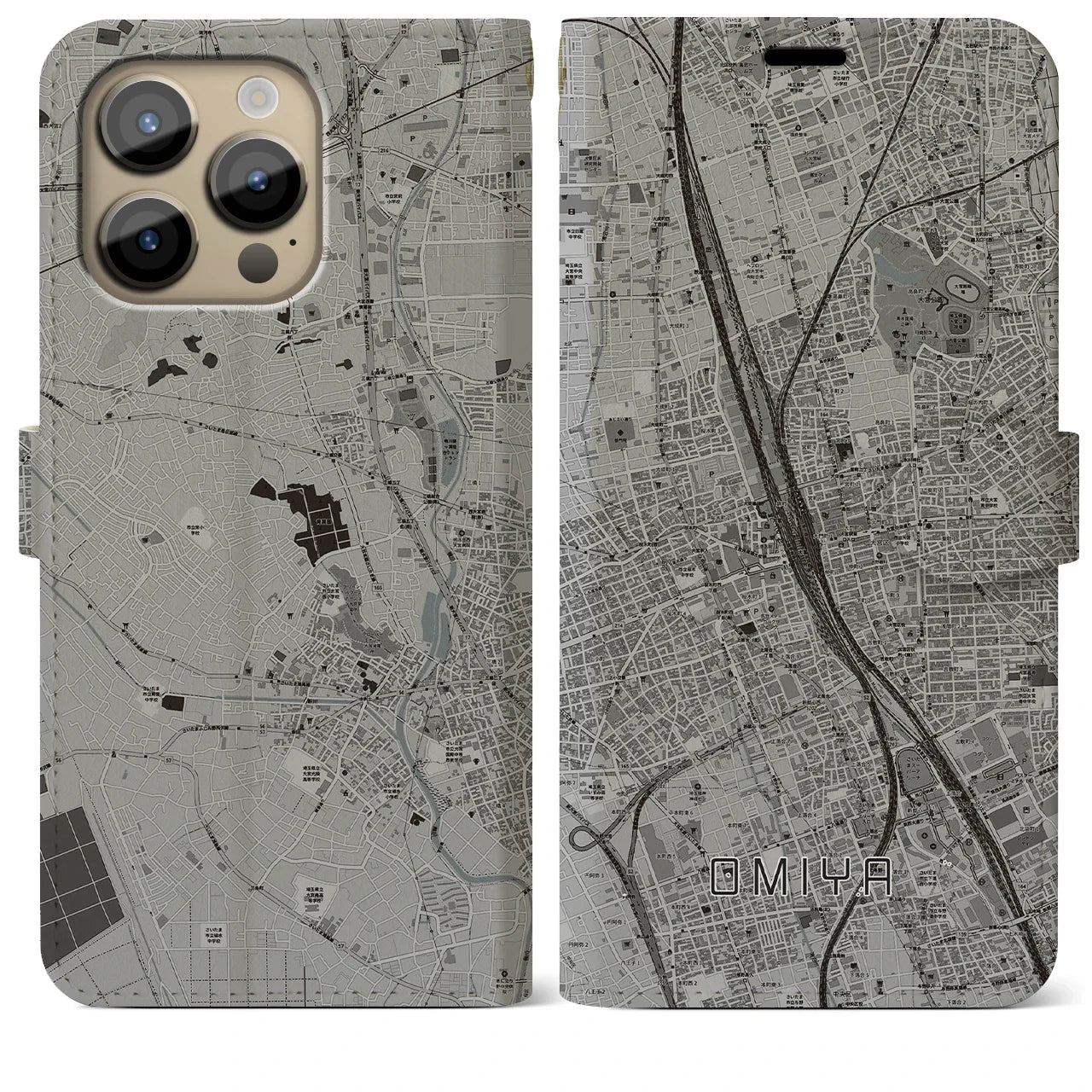 【大宮(埼玉県)】地図柄iPhoneケース(手帳タイプ)モノトーン・iPhone 14 Pro Max 用
