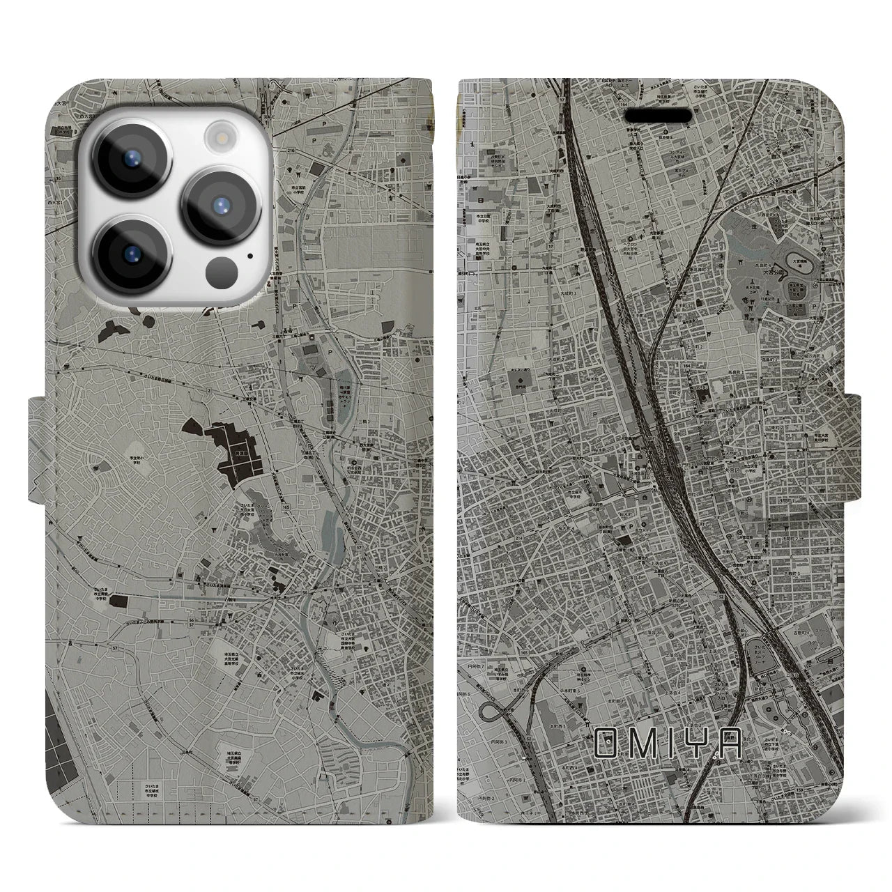 【大宮(埼玉県)】地図柄iPhoneケース(手帳タイプ)モノトーン・iPhone 14 Pro 用