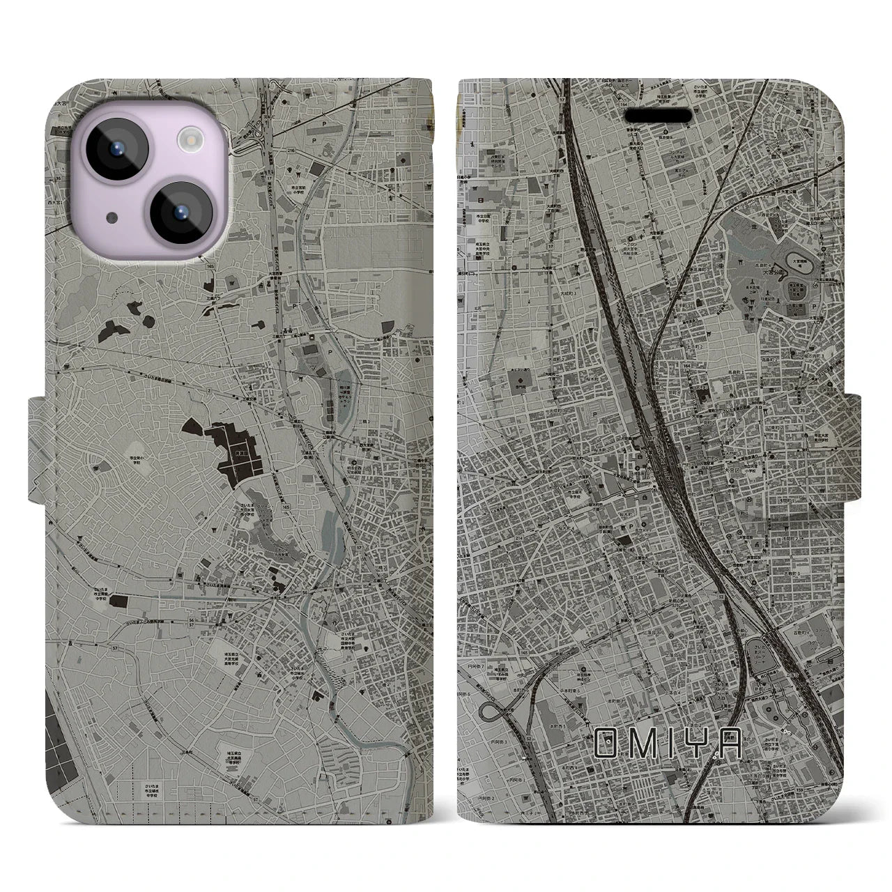 【大宮(埼玉県)】地図柄iPhoneケース(手帳タイプ)モノトーン・iPhone 14 用