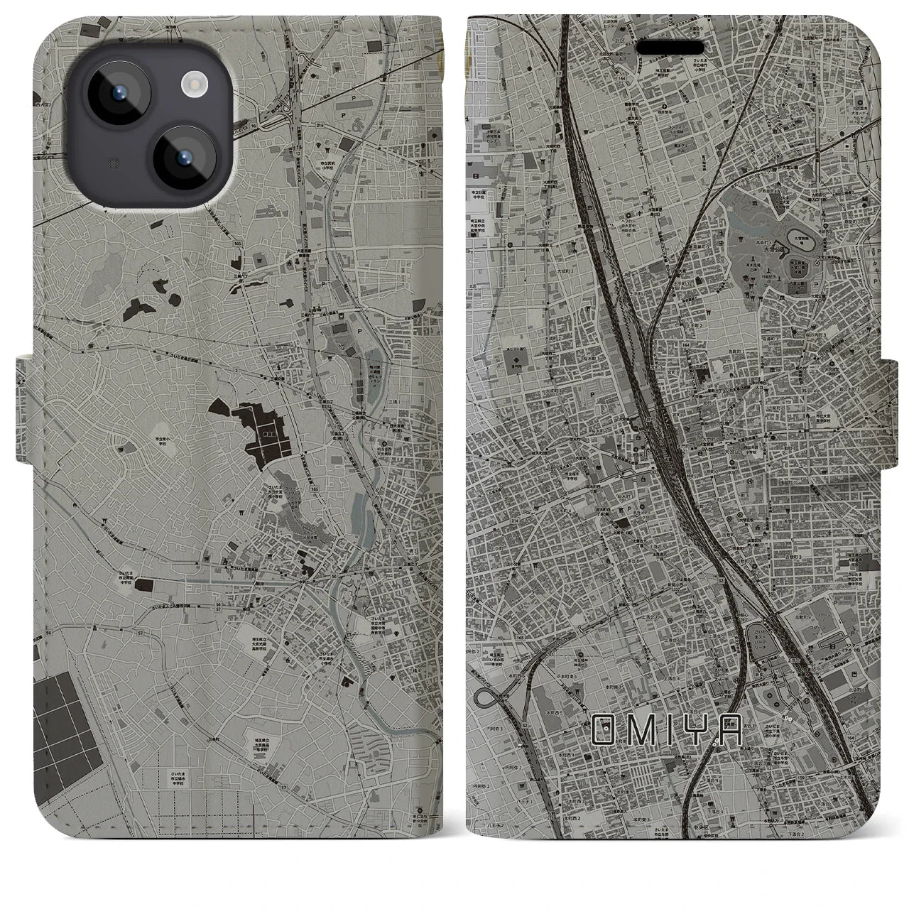 【大宮(埼玉県)】地図柄iPhoneケース(手帳タイプ)モノトーン・iPhone 14 Plus 用