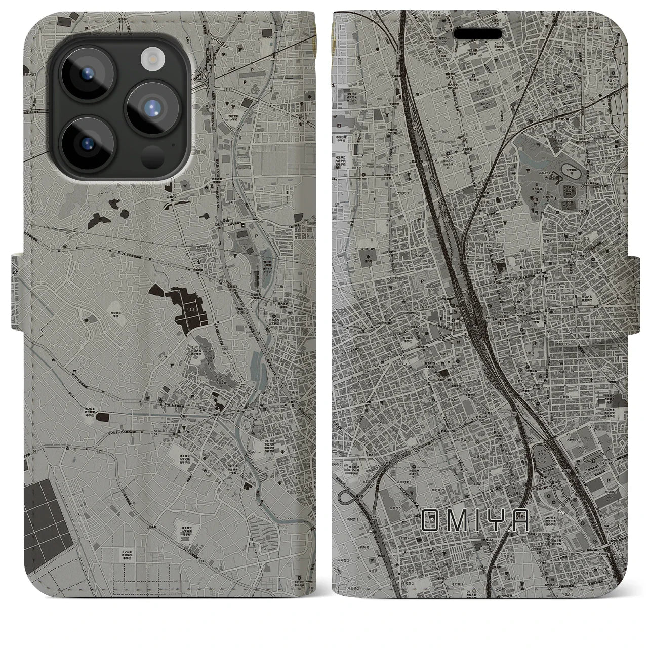 【大宮(埼玉県)】地図柄iPhoneケース(手帳タイプ)モノトーン・iPhone 15 Pro Max 用