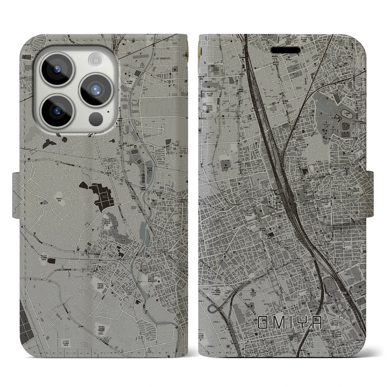 【大宮(埼玉県)】地図柄iPhoneケース(手帳タイプ)モノトーン・iPhone 15 Pro 用