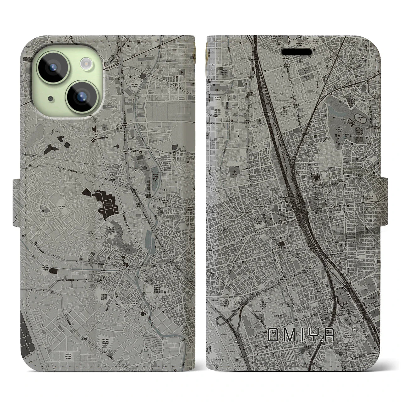 【大宮(埼玉県)】地図柄iPhoneケース(手帳タイプ)モノトーン・iPhone 15 用