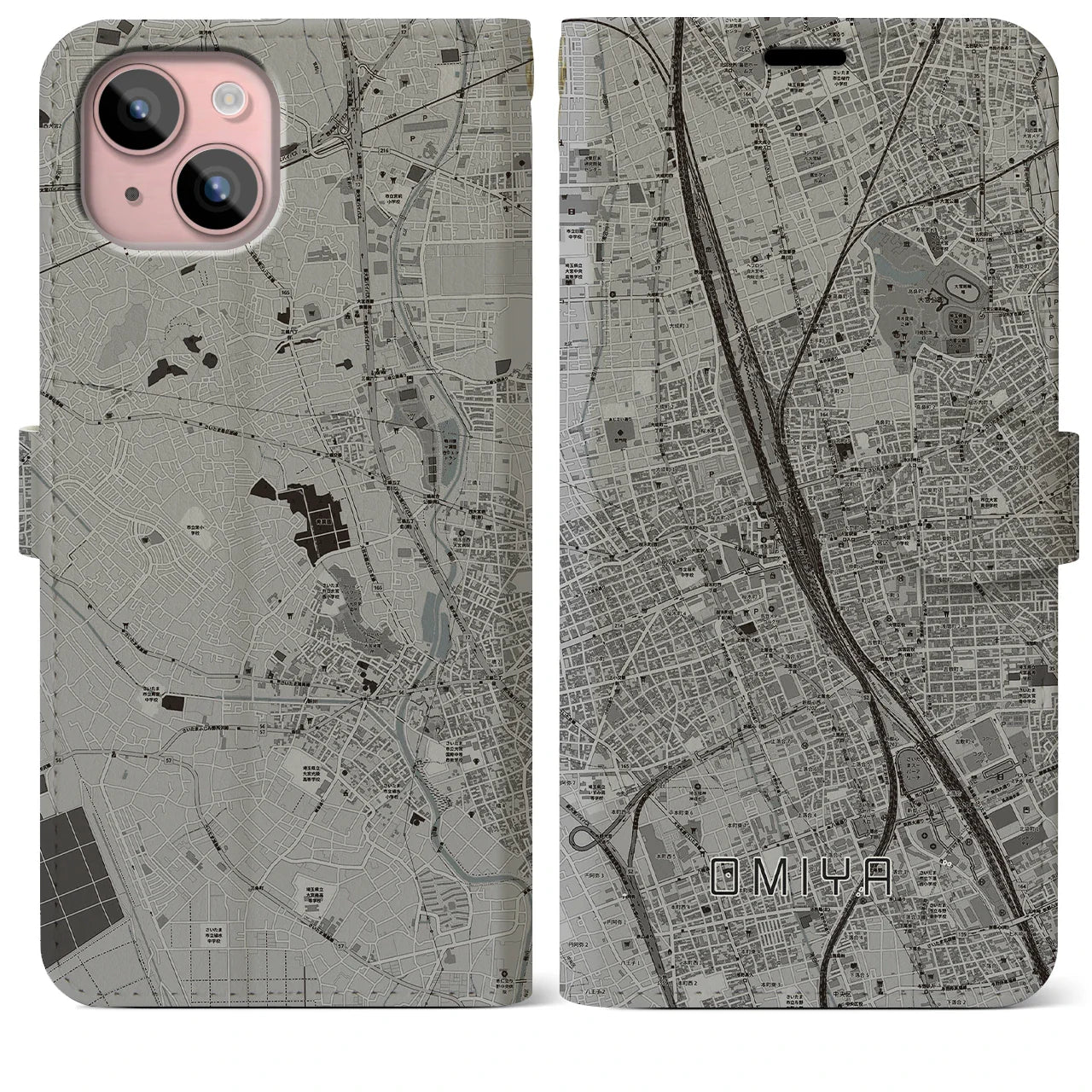 【大宮(埼玉県)】地図柄iPhoneケース(手帳タイプ)モノトーン・iPhone 15 Plus 用