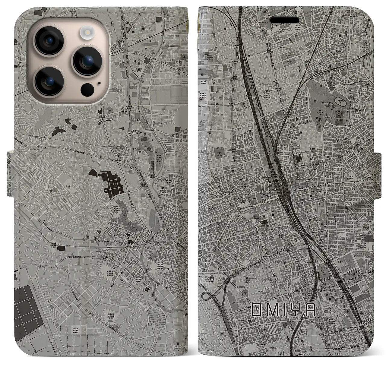 【大宮(埼玉県)】地図柄iPhoneケース(手帳タイプ)モノトーン・iPhone 16 Plus 用