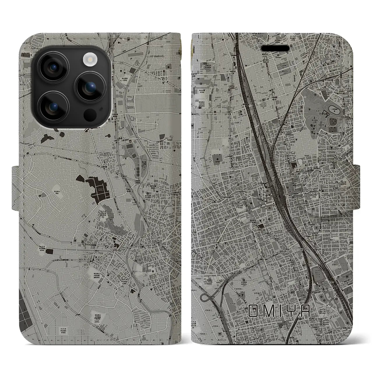 【大宮(埼玉県)】地図柄iPhoneケース(手帳タイプ)モノトーン・iPhone 16 用
