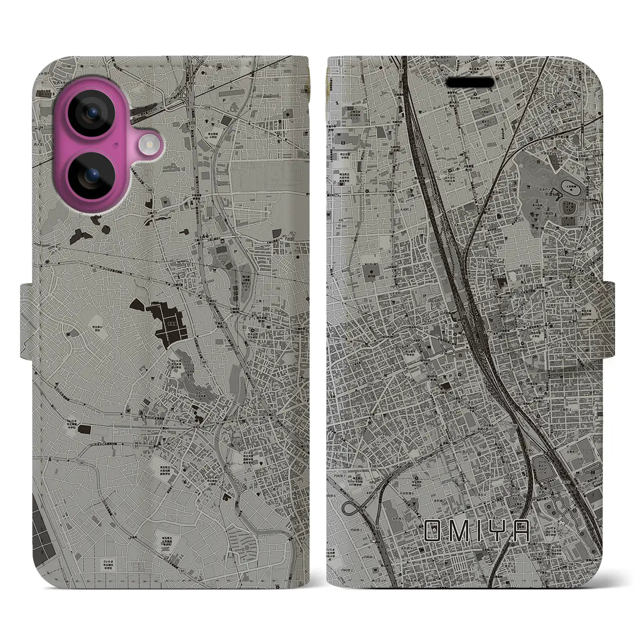 【大宮(埼玉県)】地図柄iPhoneケース(手帳タイプ)モノトーン・iPhone 16 Pro 用