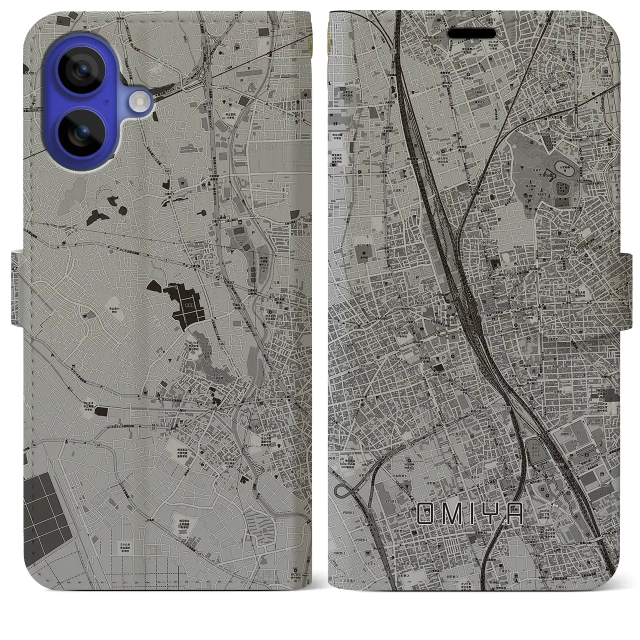 【大宮(埼玉県)】地図柄iPhoneケース(手帳タイプ)モノトーン・iPhone 16 Pro Max 用