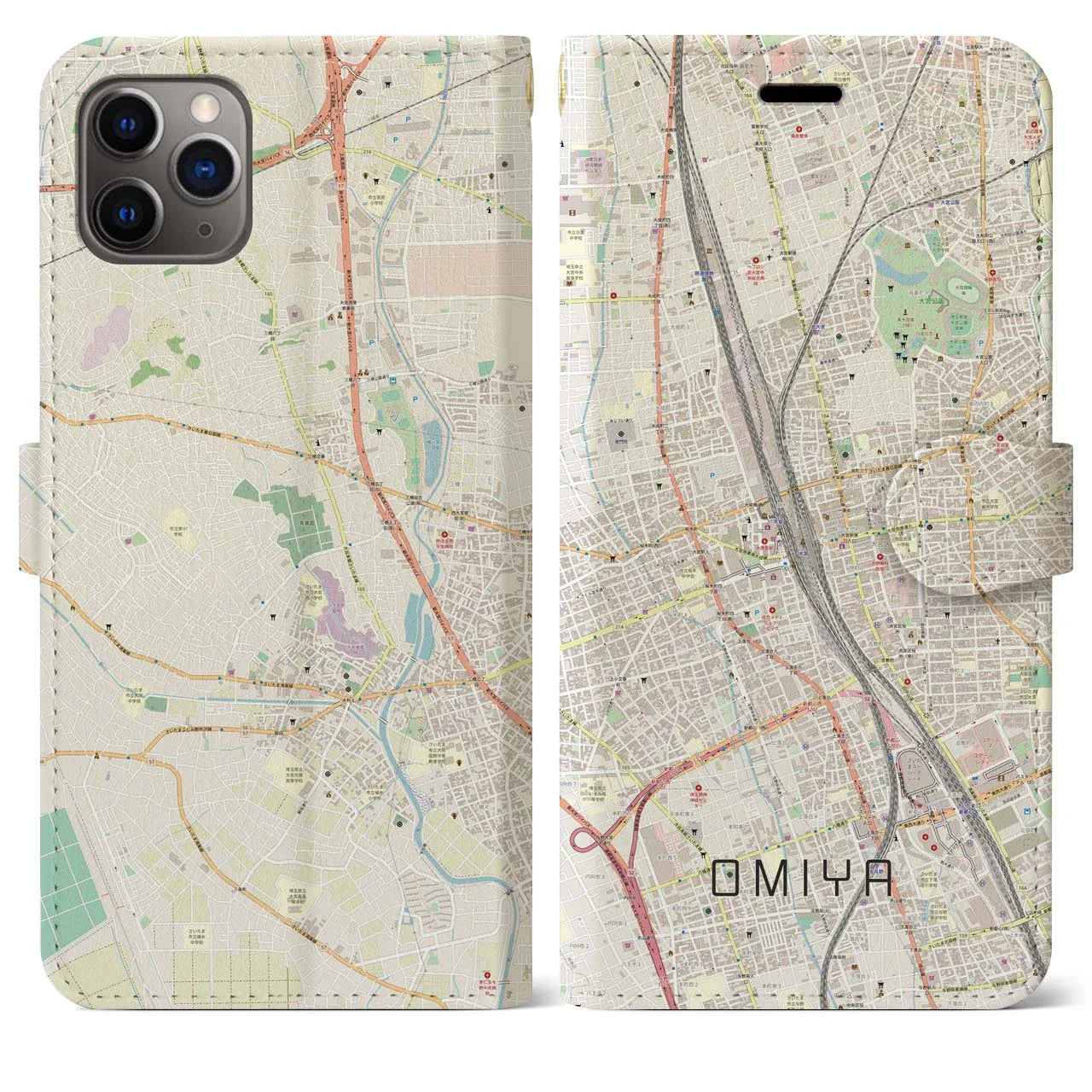 【大宮(埼玉県)】地図柄iPhoneケース(手帳タイプ)ナチュラル・iPhone 11 Pro Max 用