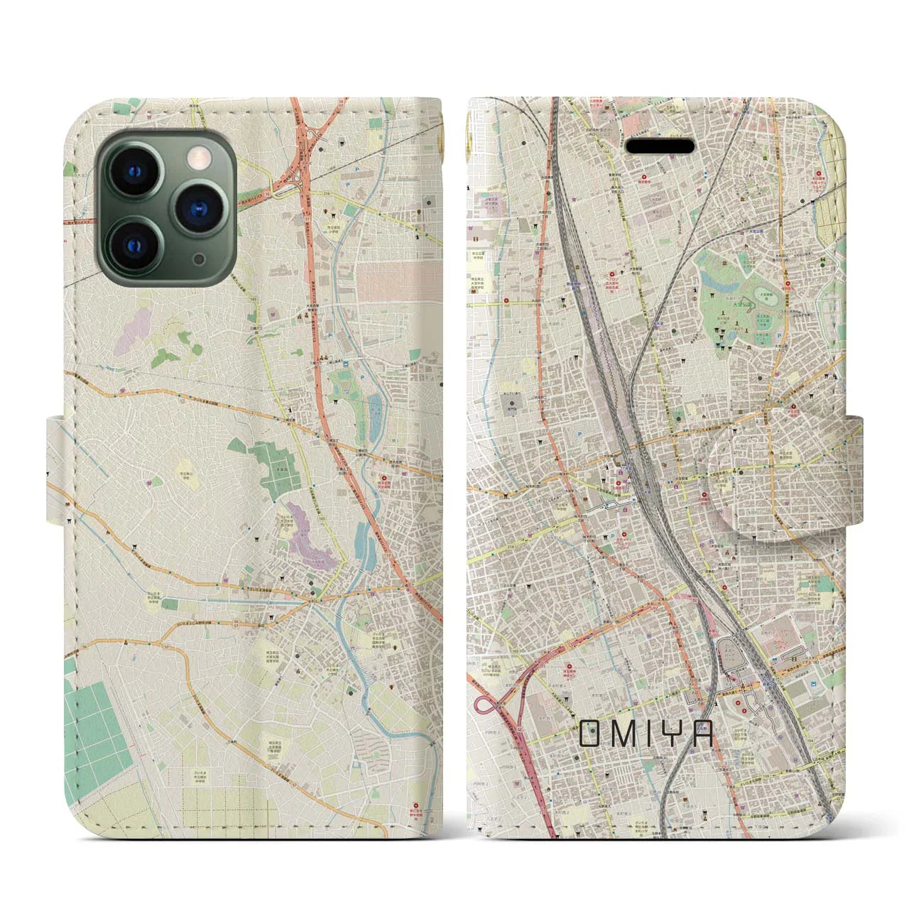 【大宮(埼玉県)】地図柄iPhoneケース(手帳タイプ)ナチュラル・iPhone 11 Pro 用
