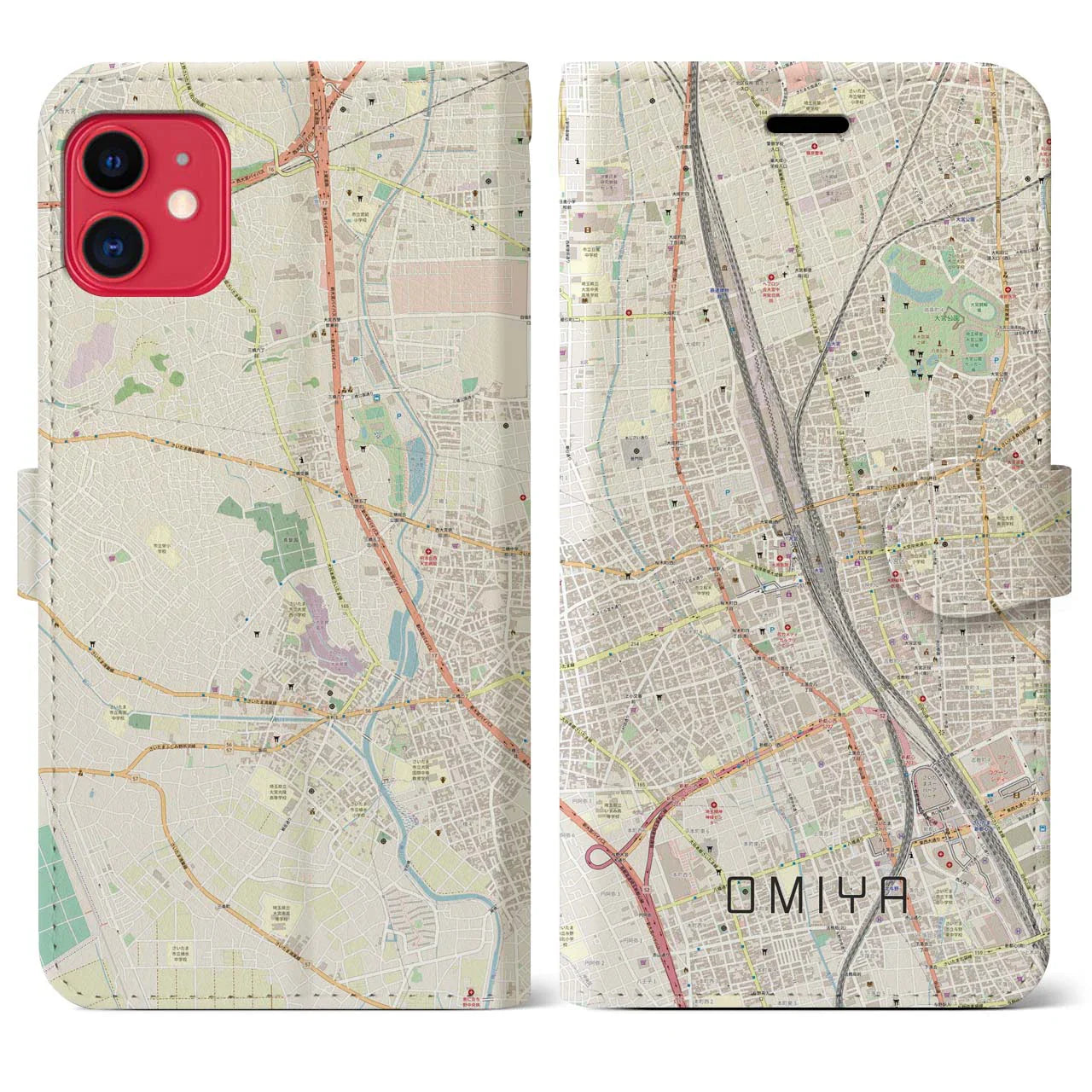 【大宮(埼玉県)】地図柄iPhoneケース(手帳タイプ)ナチュラル・iPhone 11 用