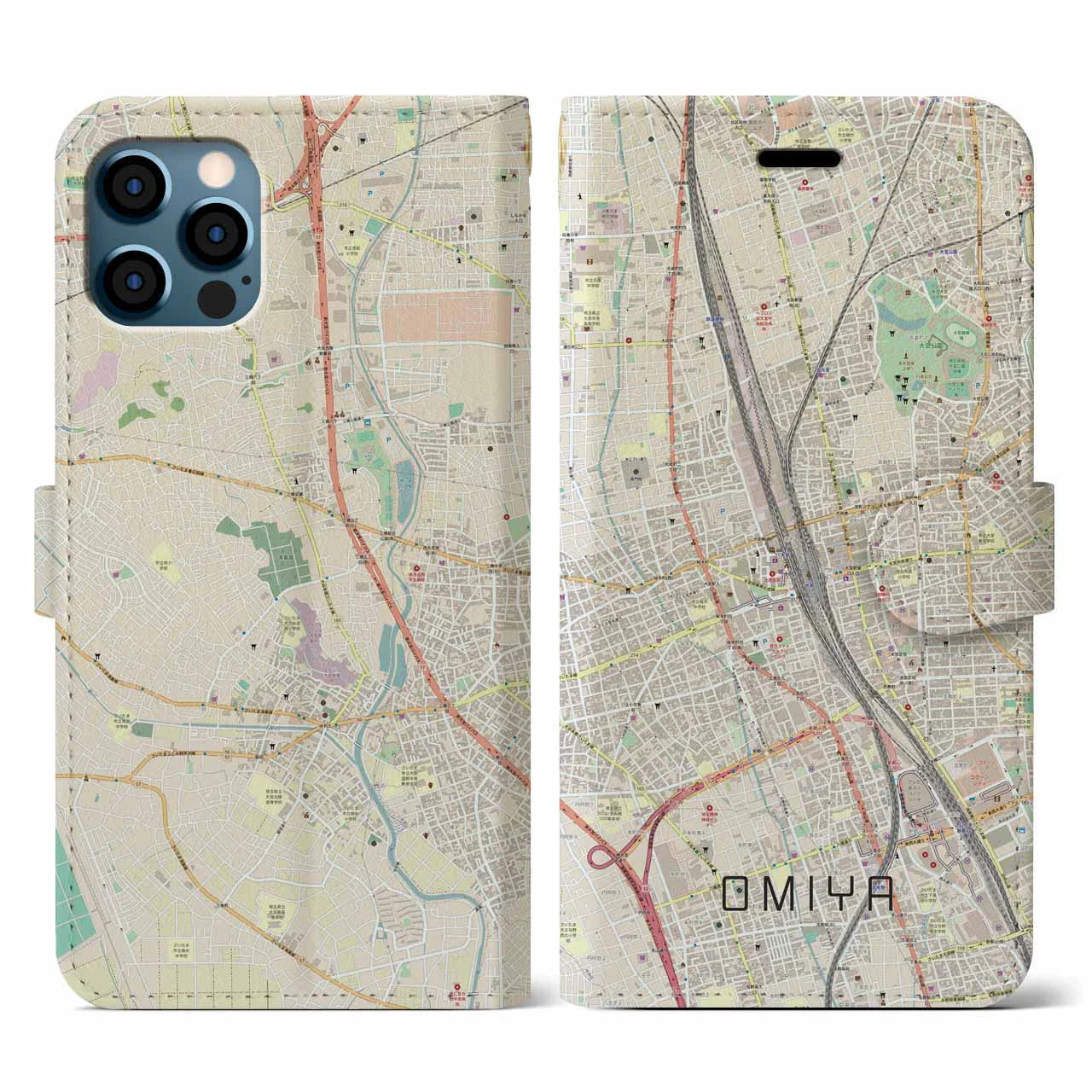 【大宮(埼玉県)】地図柄iPhoneケース(手帳タイプ)ナチュラル・iPhone 12 / 12 Pro 用