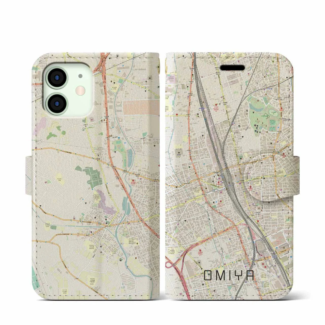 【大宮(埼玉県)】地図柄iPhoneケース(手帳タイプ)ナチュラル・iPhone 12 mini 用
