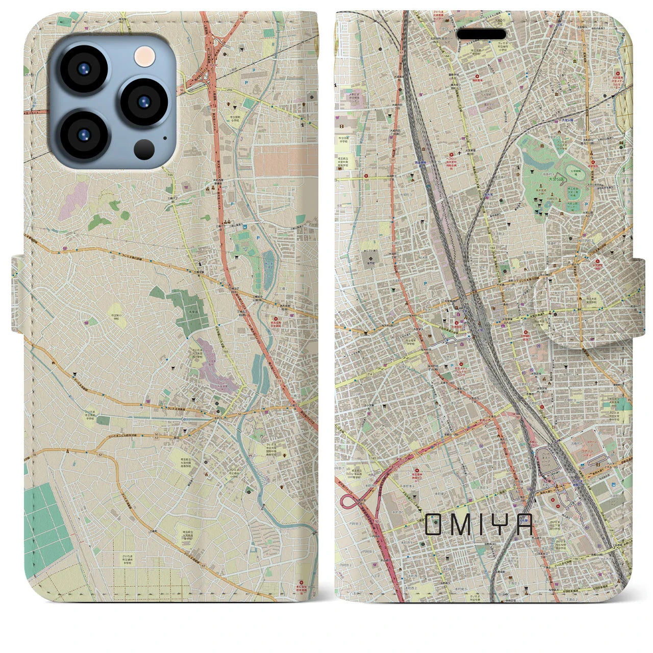 【大宮(埼玉県)】地図柄iPhoneケース(手帳タイプ)ナチュラル・iPhone 13 Pro Max 用