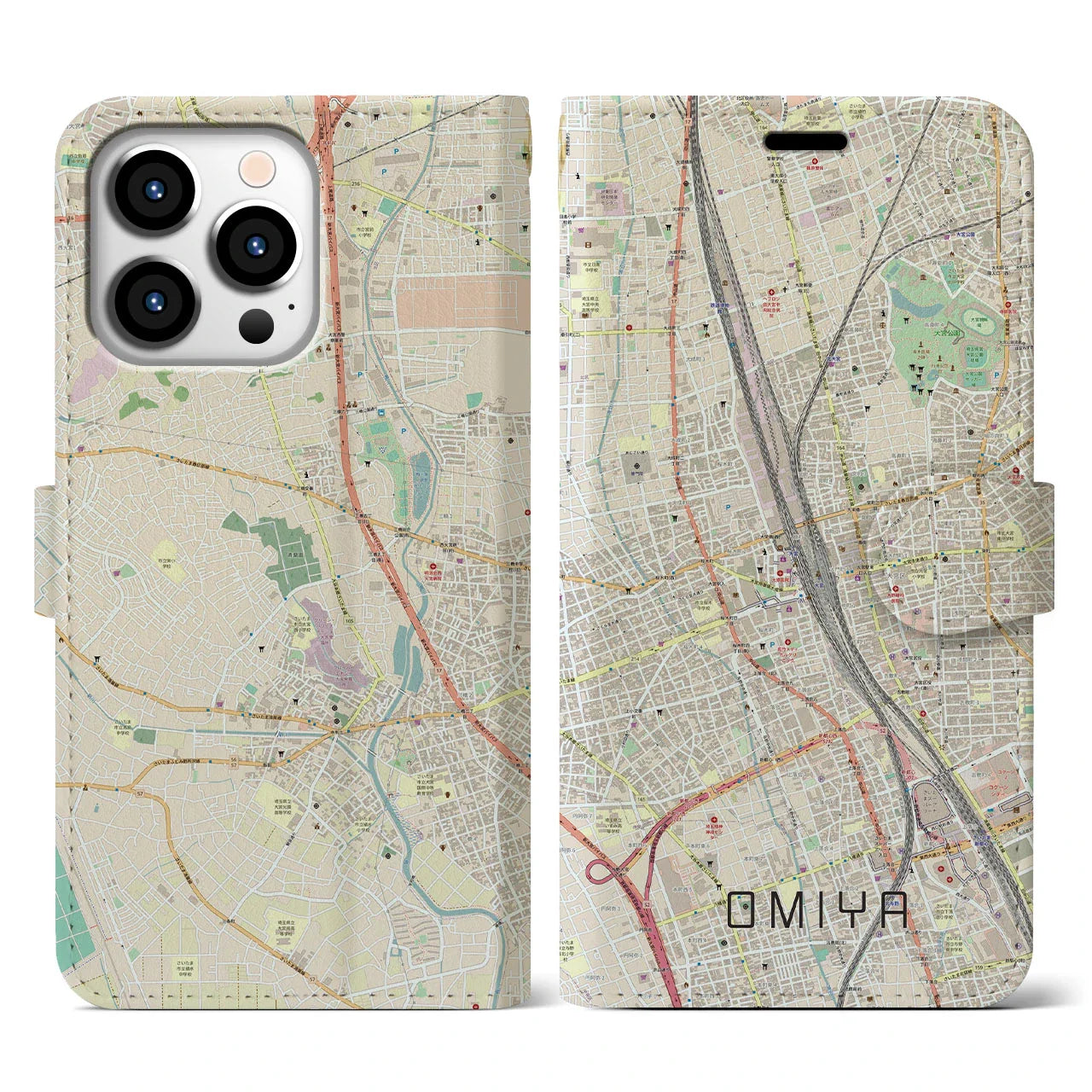 【大宮(埼玉県)】地図柄iPhoneケース(手帳タイプ)ナチュラル・iPhone 13 Pro 用