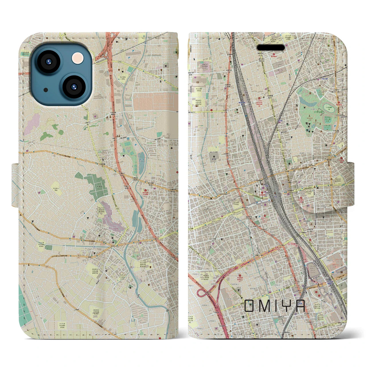 【大宮(埼玉県)】地図柄iPhoneケース(手帳タイプ)ナチュラル・iPhone 13 用