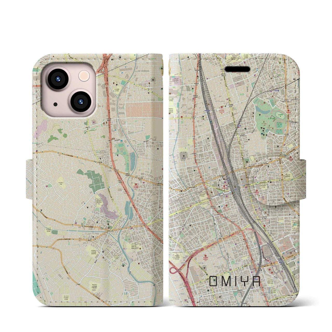 【大宮(埼玉県)】地図柄iPhoneケース(手帳タイプ)ナチュラル・iPhone 13 mini 用