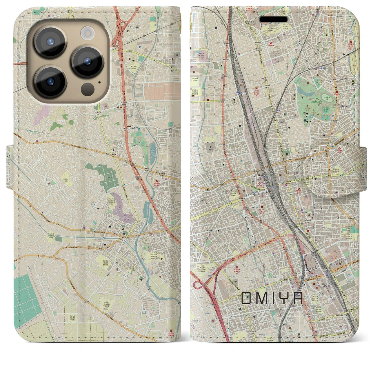 【大宮(埼玉県)】地図柄iPhoneケース(手帳タイプ)ナチュラル・iPhone 14 Pro Max 用