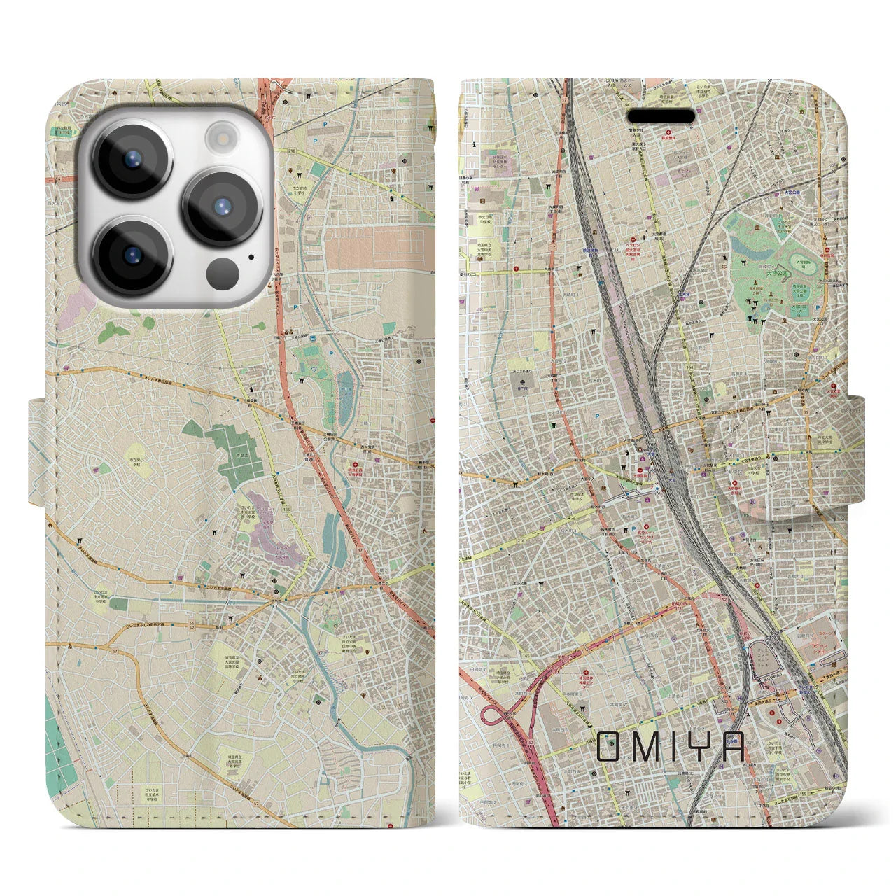 【大宮(埼玉県)】地図柄iPhoneケース(手帳タイプ)ナチュラル・iPhone 14 Pro 用