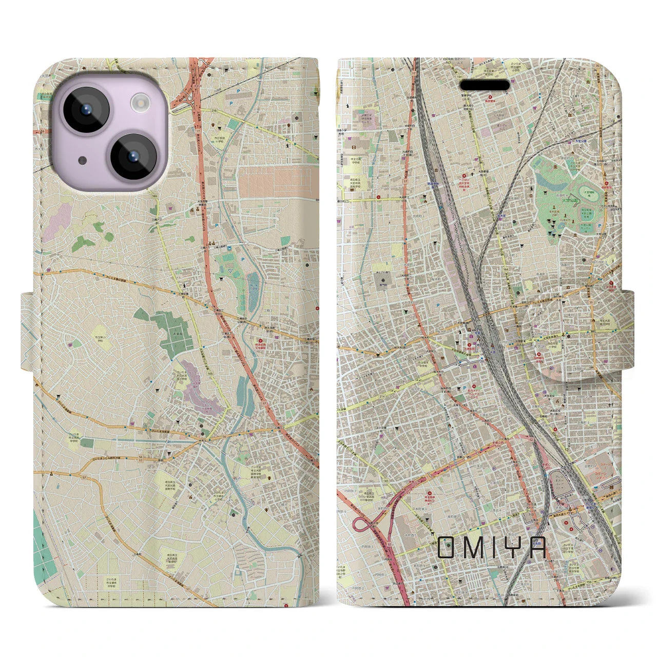 【大宮(埼玉県)】地図柄iPhoneケース(手帳タイプ)ナチュラル・iPhone 14 用