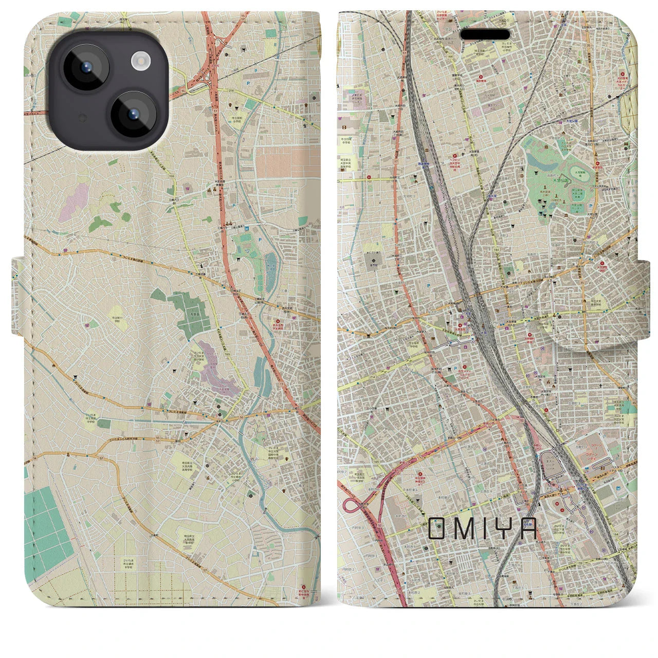 【大宮(埼玉県)】地図柄iPhoneケース(手帳タイプ)ナチュラル・iPhone 14 Plus 用