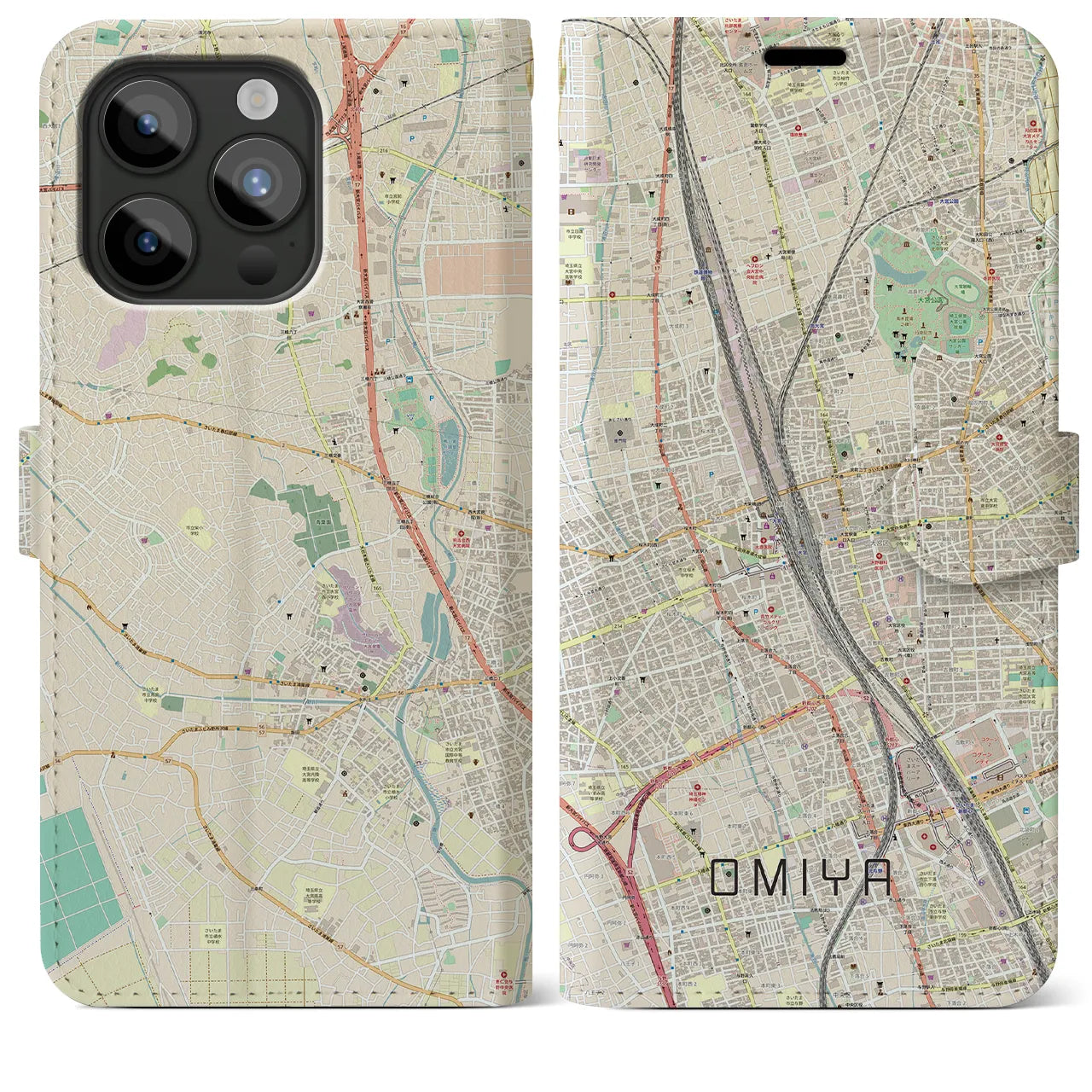【大宮(埼玉県)】地図柄iPhoneケース(手帳タイプ)ナチュラル・iPhone 15 Pro Max 用