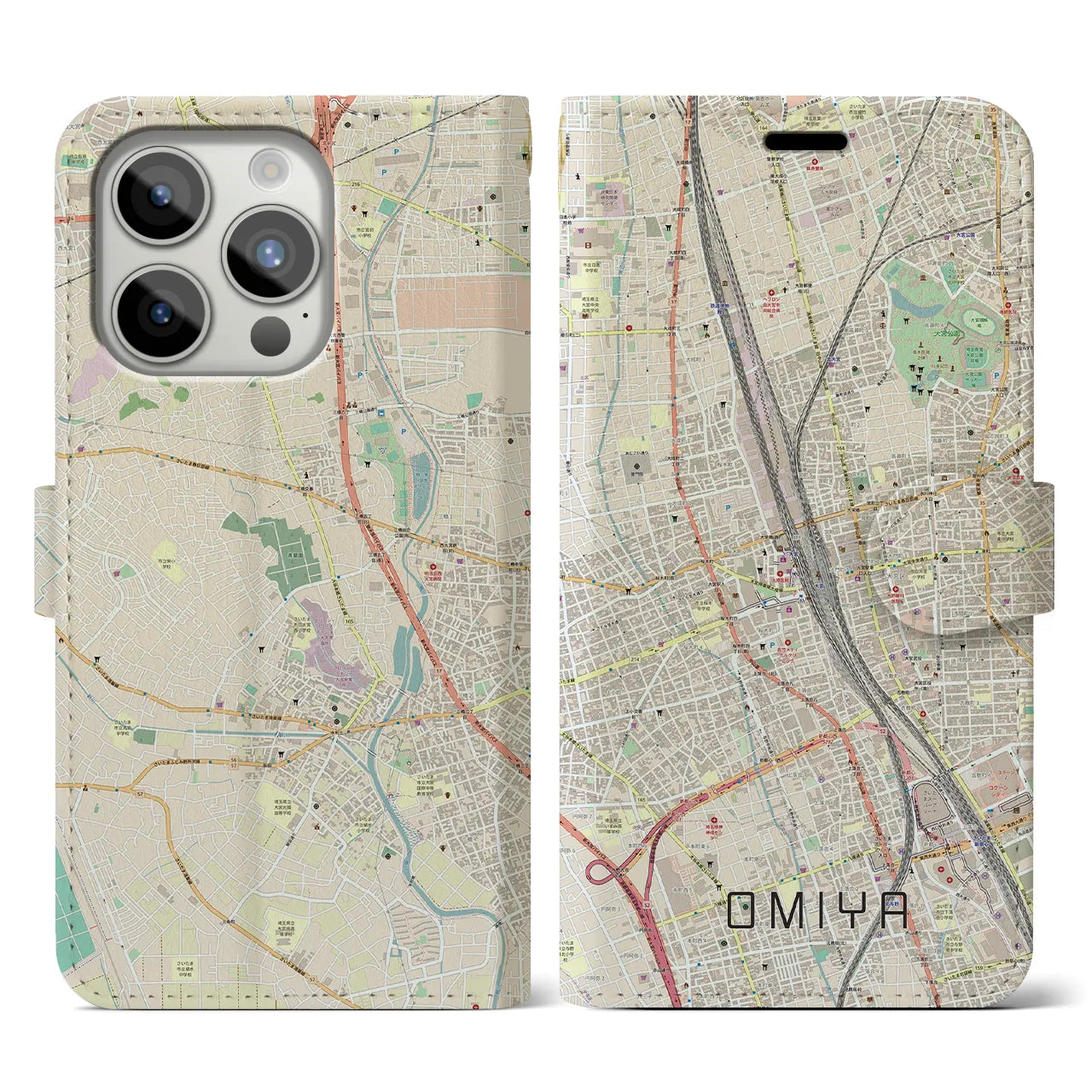 【大宮(埼玉県)】地図柄iPhoneケース(手帳タイプ)ナチュラル・iPhone 15 Pro 用