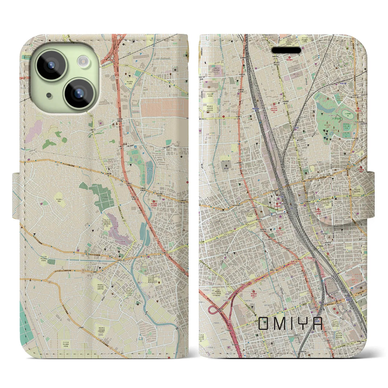 【大宮(埼玉県)】地図柄iPhoneケース(手帳タイプ)ナチュラル・iPhone 15 用