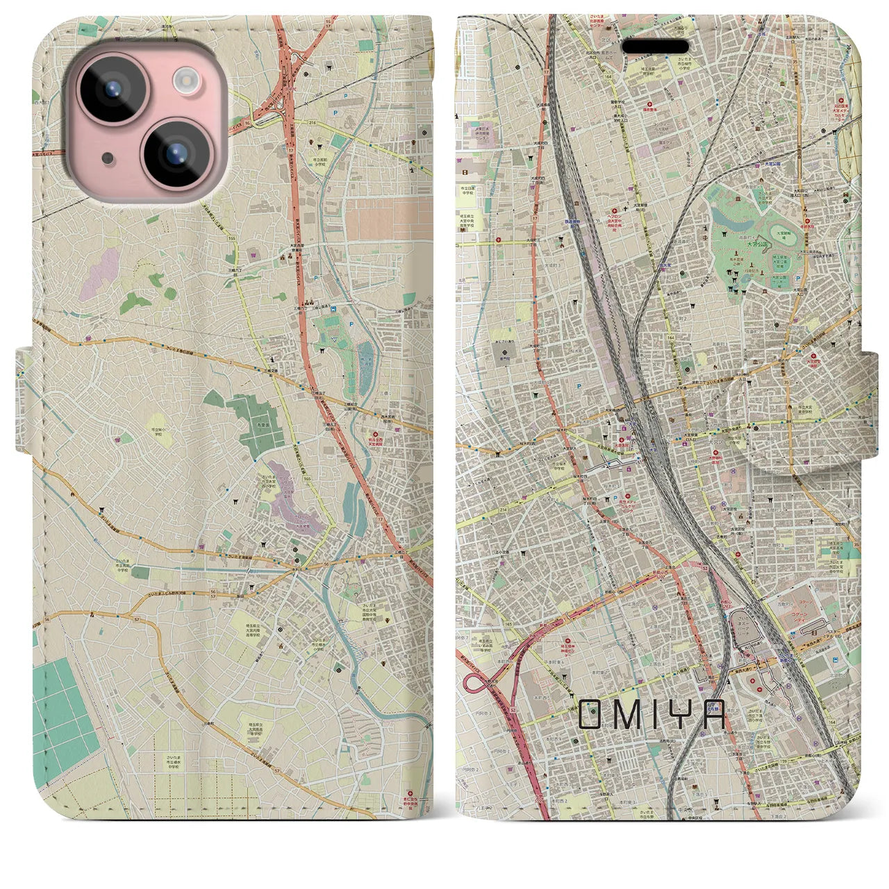 【大宮(埼玉県)】地図柄iPhoneケース(手帳タイプ)ナチュラル・iPhone 15 Plus 用