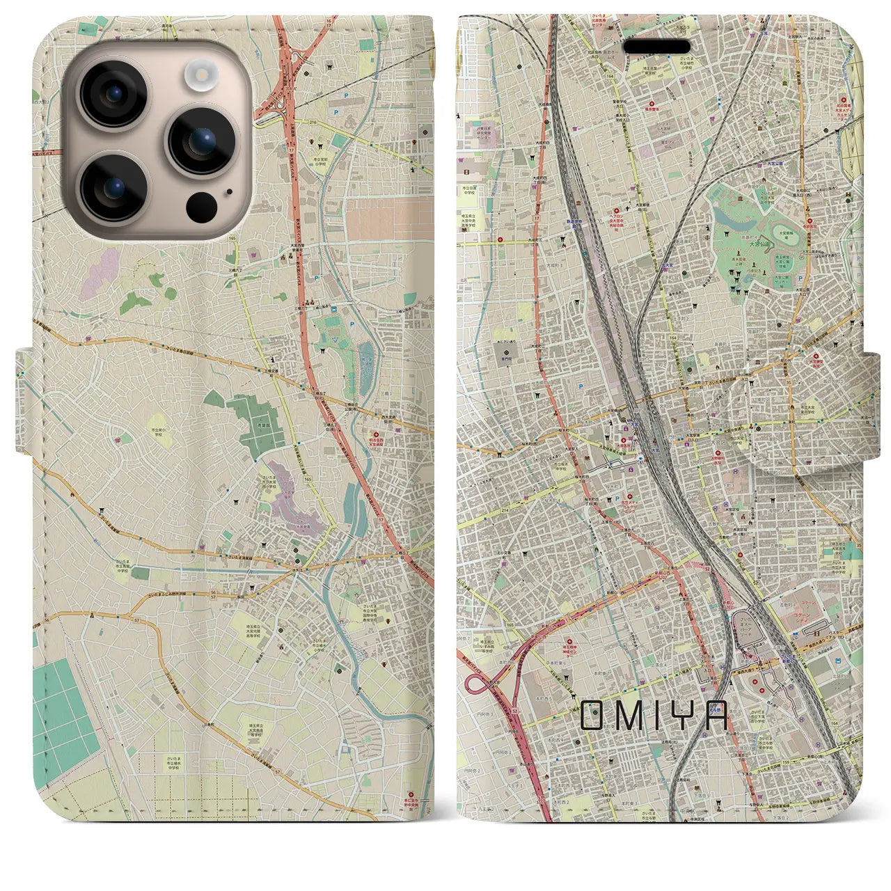 【大宮(埼玉県)】地図柄iPhoneケース(手帳タイプ)ナチュラル・iPhone 16 Plus 用