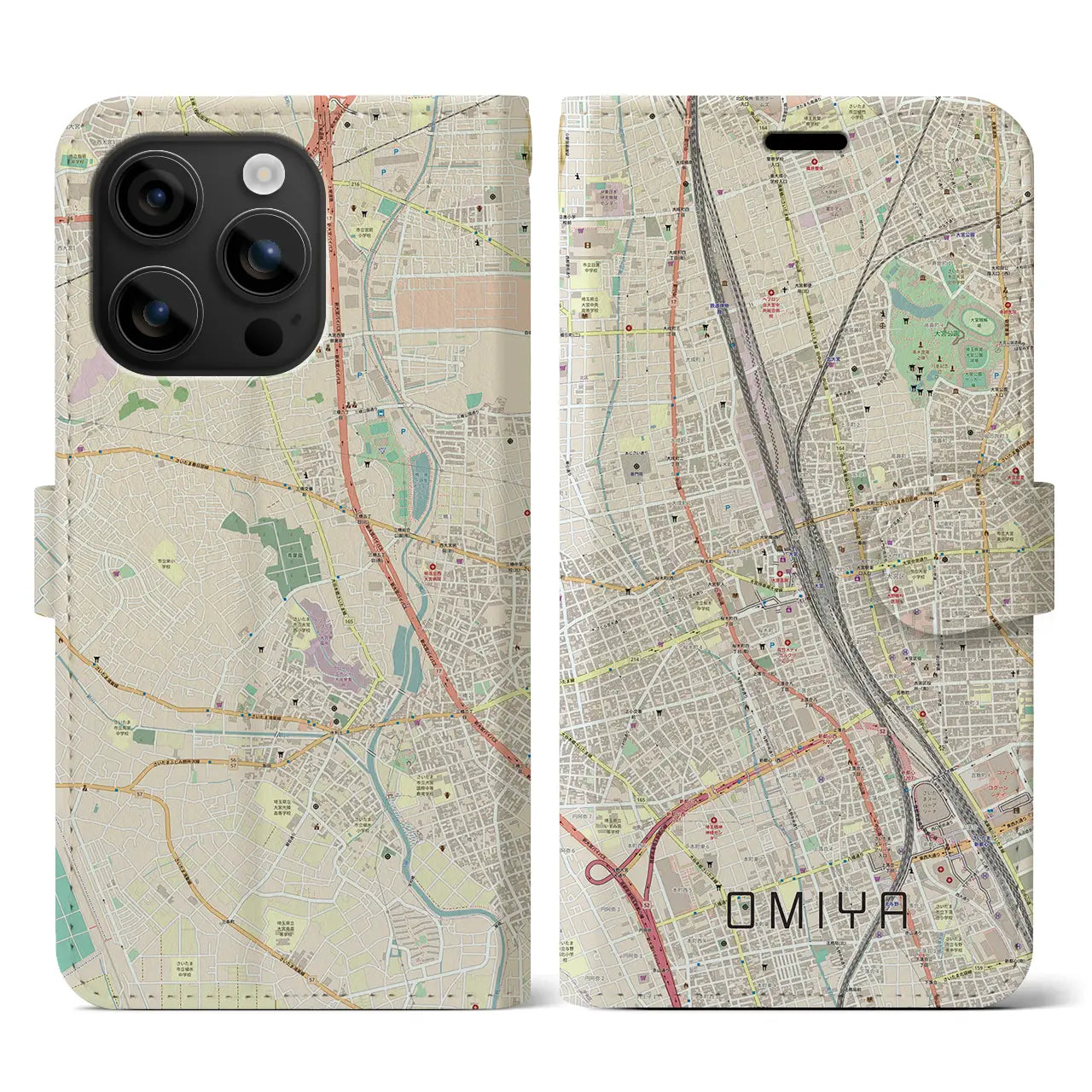 【大宮(埼玉県)】地図柄iPhoneケース(手帳タイプ)ナチュラル・iPhone 16 用