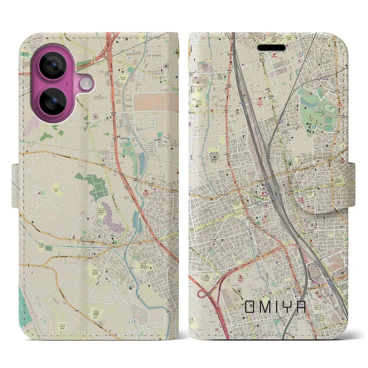 【大宮(埼玉県)】地図柄iPhoneケース(手帳タイプ)ナチュラル・iPhone 16 Pro 用