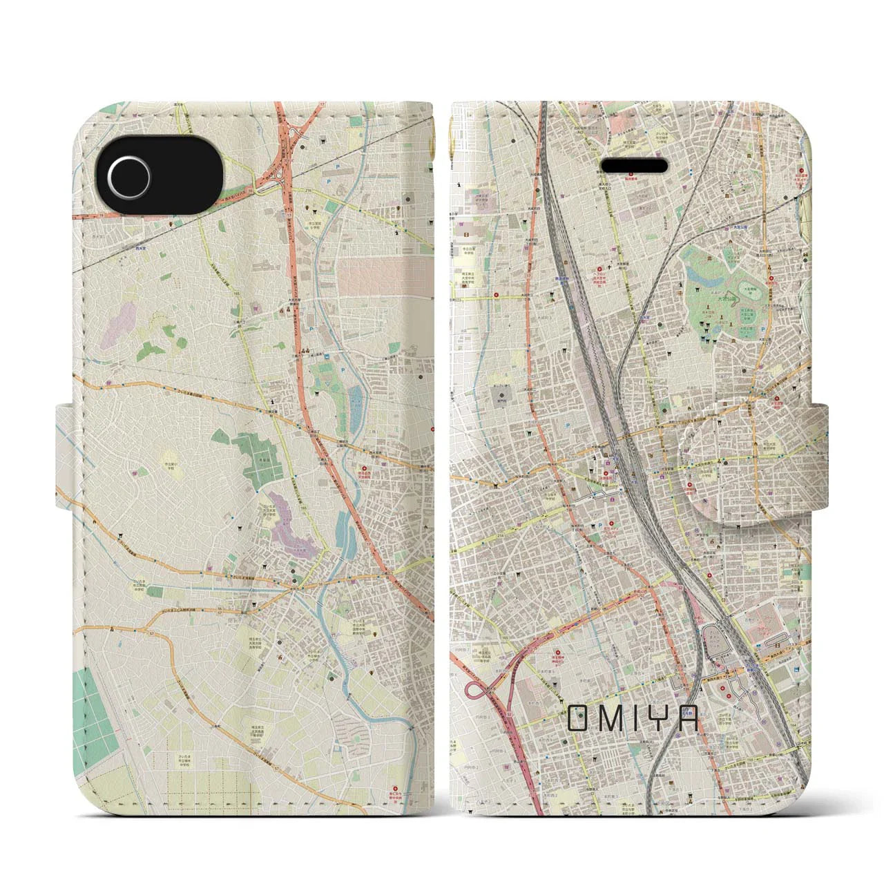 【大宮(埼玉県)】地図柄iPhoneケース(手帳タイプ)ナチュラル・iPhone SE(第3 / 第2世代) / 8 / 7 / 6s / 6 用