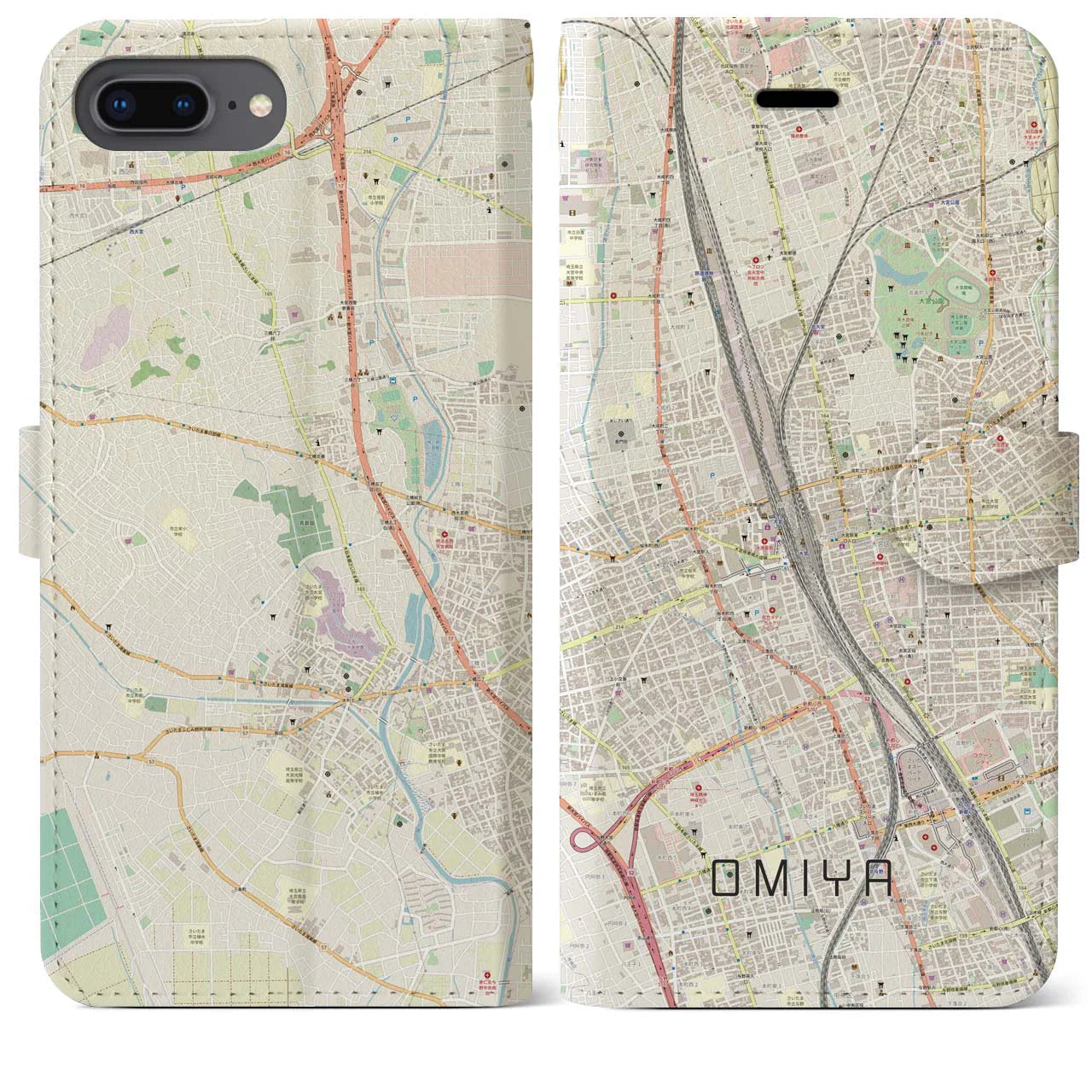 【大宮(埼玉県)】地図柄iPhoneケース(手帳タイプ)ナチュラル・iPhone 8Plus /7Plus / 6sPlus / 6Plus 用