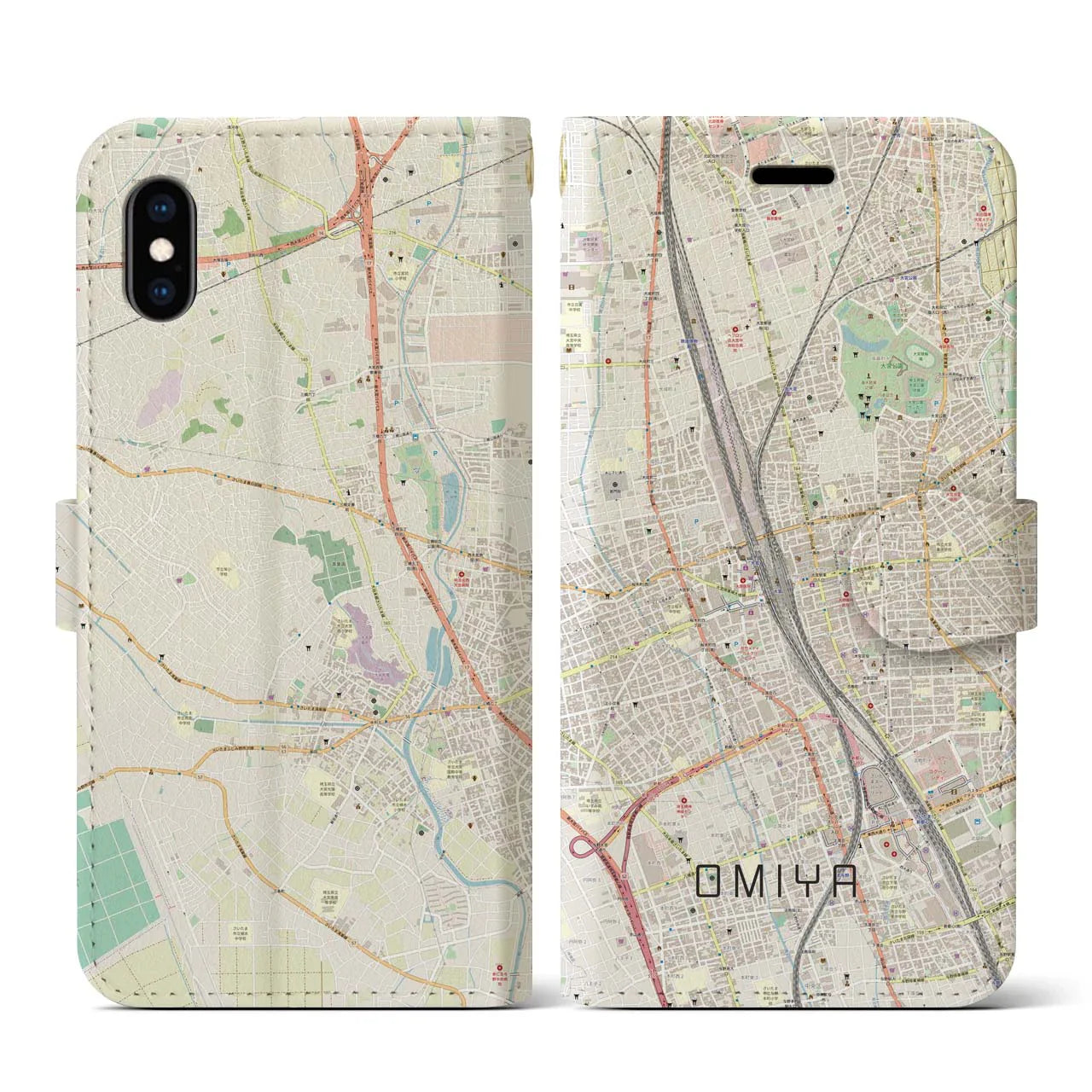 【大宮(埼玉県)】地図柄iPhoneケース(手帳タイプ)ナチュラル・iPhone XS / X 用