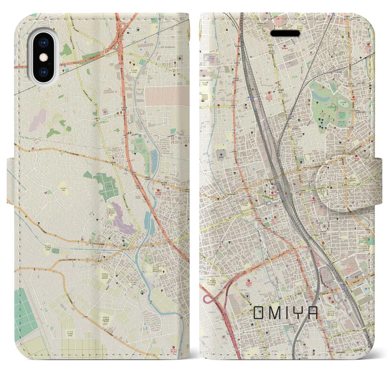 【大宮(埼玉県)】地図柄iPhoneケース(手帳タイプ)ナチュラル・iPhone XS Max 用