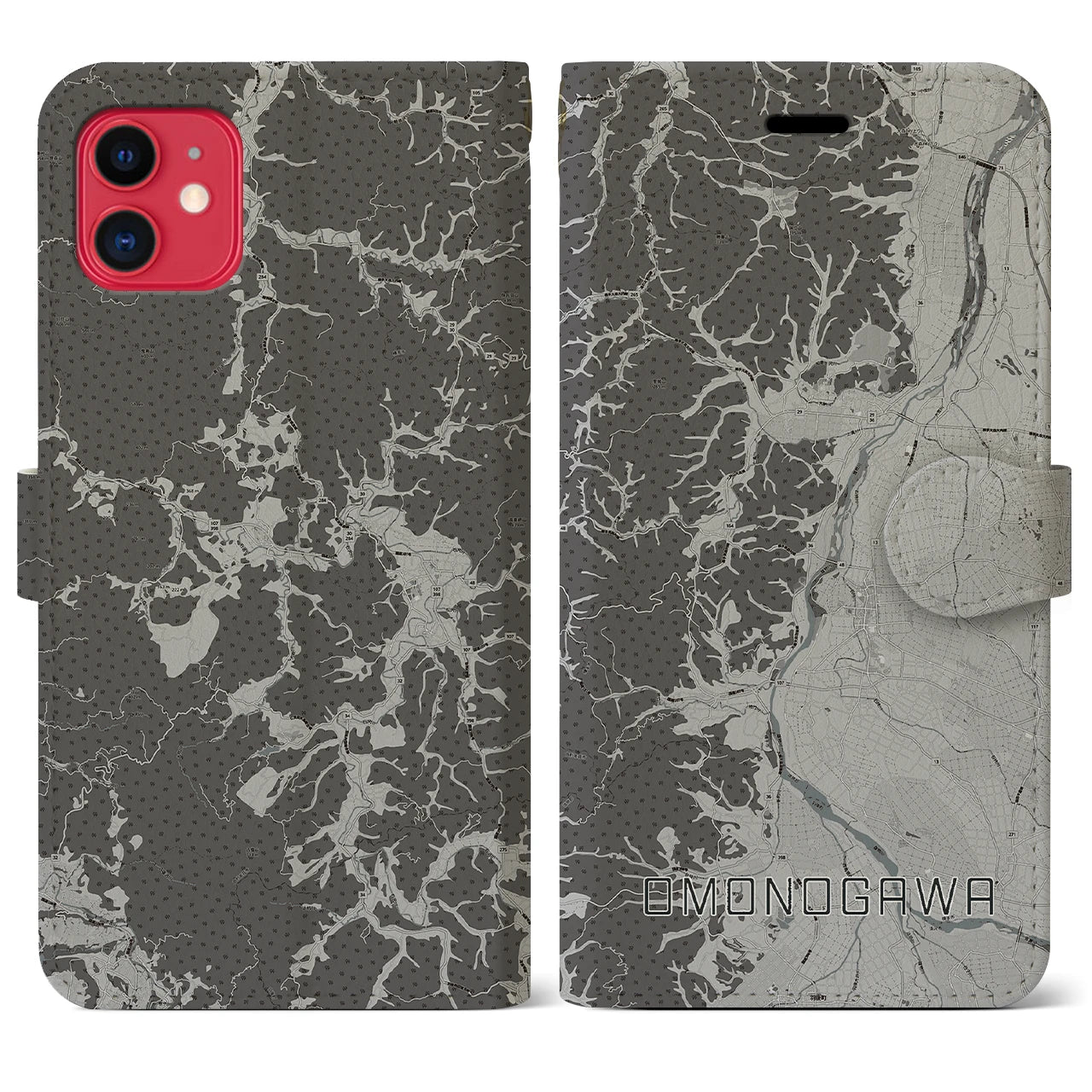 【雄物川(秋田県)】地図柄iPhoneケース(手帳タイプ)モノトーン・iPhone 11 用
