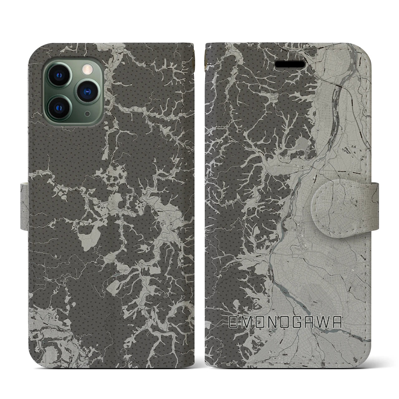 【雄物川(秋田県)】地図柄iPhoneケース(手帳タイプ)モノトーン・iPhone 11 Pro 用