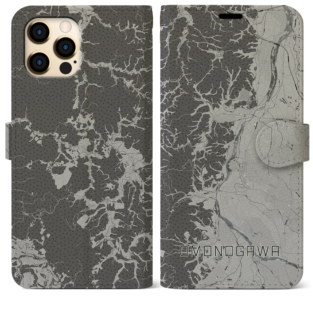 【雄物川(秋田県)】地図柄iPhoneケース(手帳タイプ)モノトーン・iPhone 12 Pro Max 用