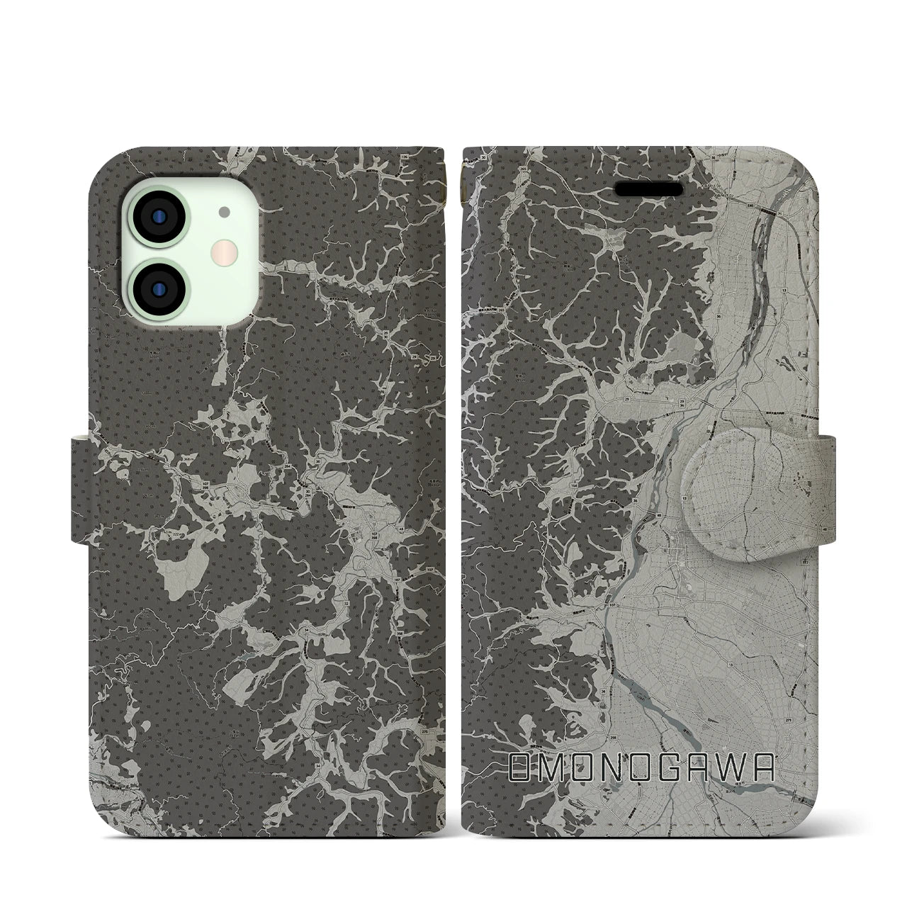 【雄物川(秋田県)】地図柄iPhoneケース(手帳タイプ)モノトーン・iPhone 12 mini 用