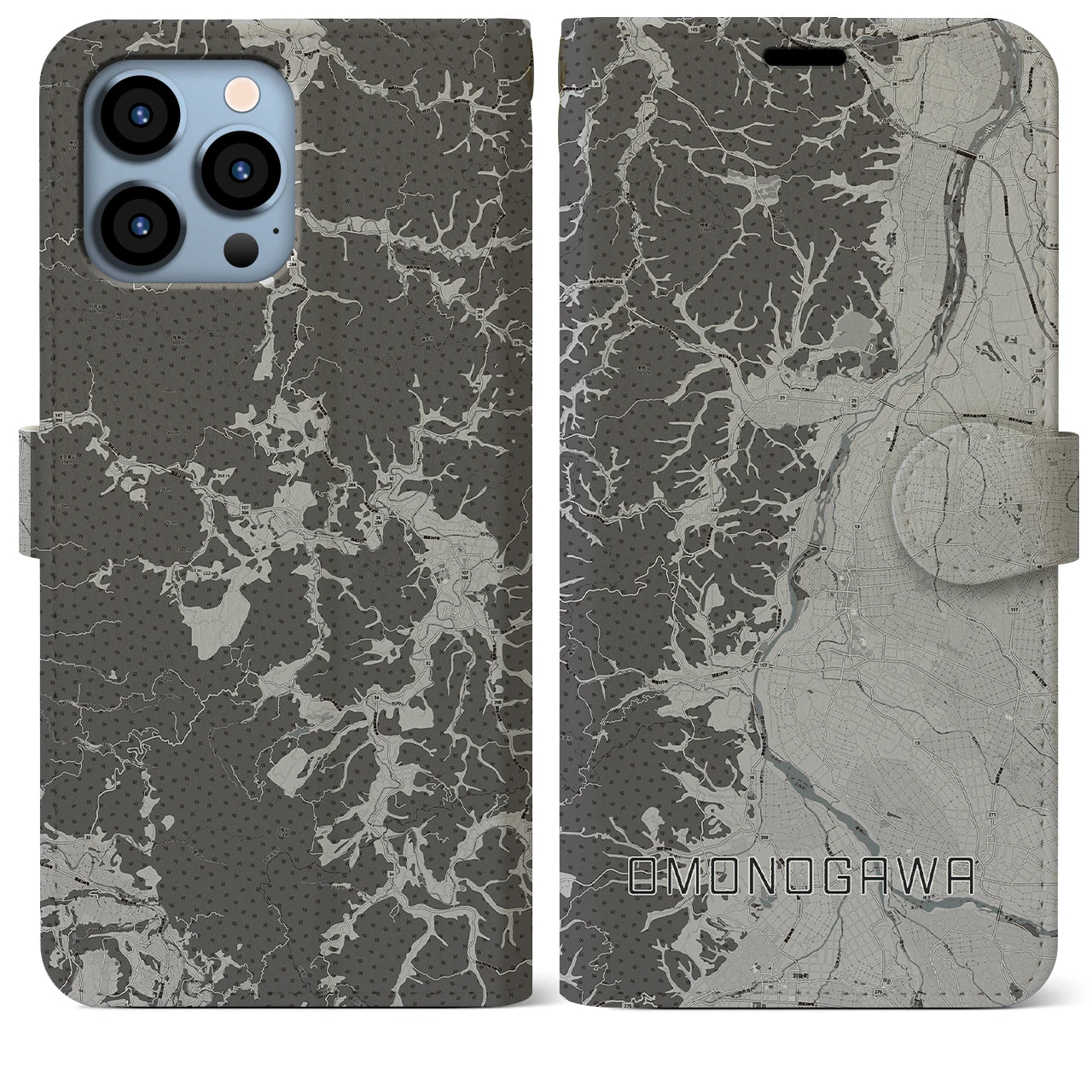 【雄物川(秋田県)】地図柄iPhoneケース(手帳タイプ)モノトーン・iPhone 13 Pro Max 用