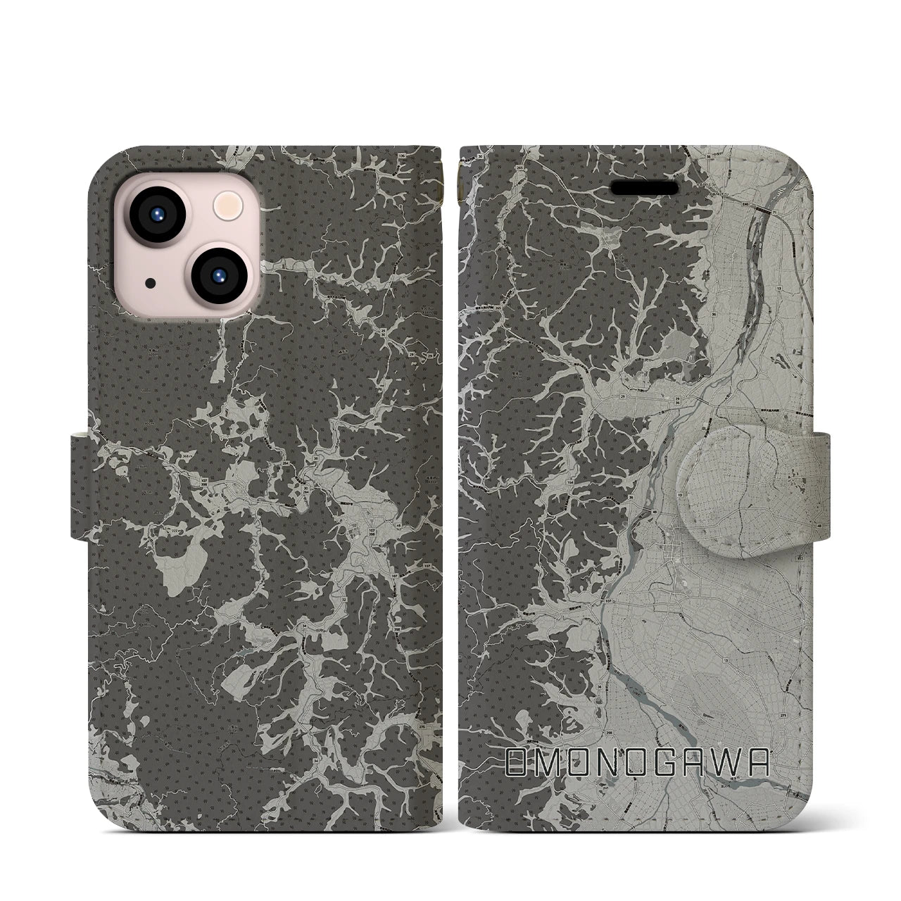 【雄物川(秋田県)】地図柄iPhoneケース(手帳タイプ)モノトーン・iPhone 13 mini 用