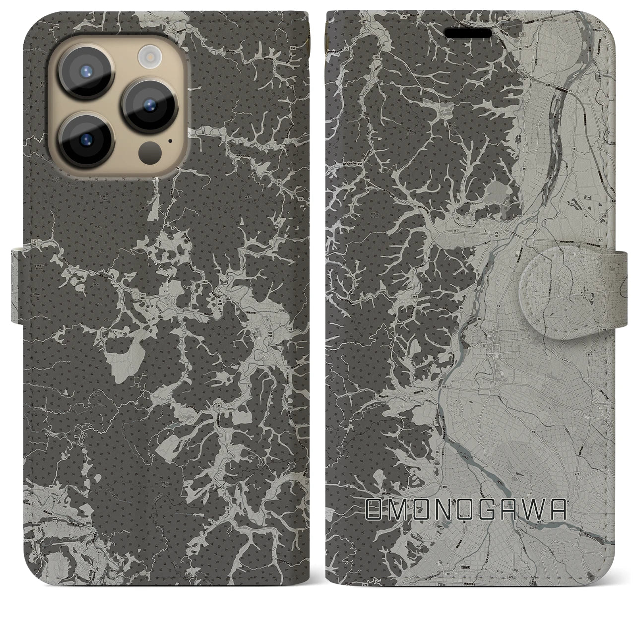 【雄物川(秋田県)】地図柄iPhoneケース(手帳タイプ)モノトーン・iPhone 14 Pro Max 用
