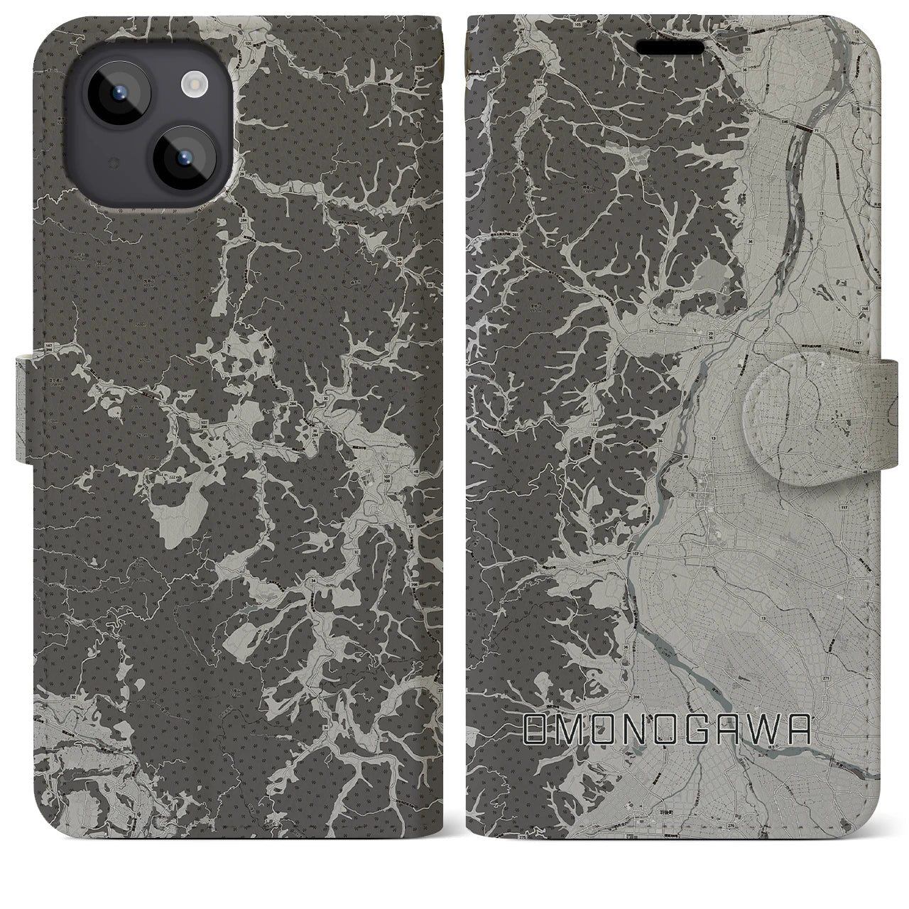 【雄物川(秋田県)】地図柄iPhoneケース(手帳タイプ)モノトーン・iPhone 14 Plus 用