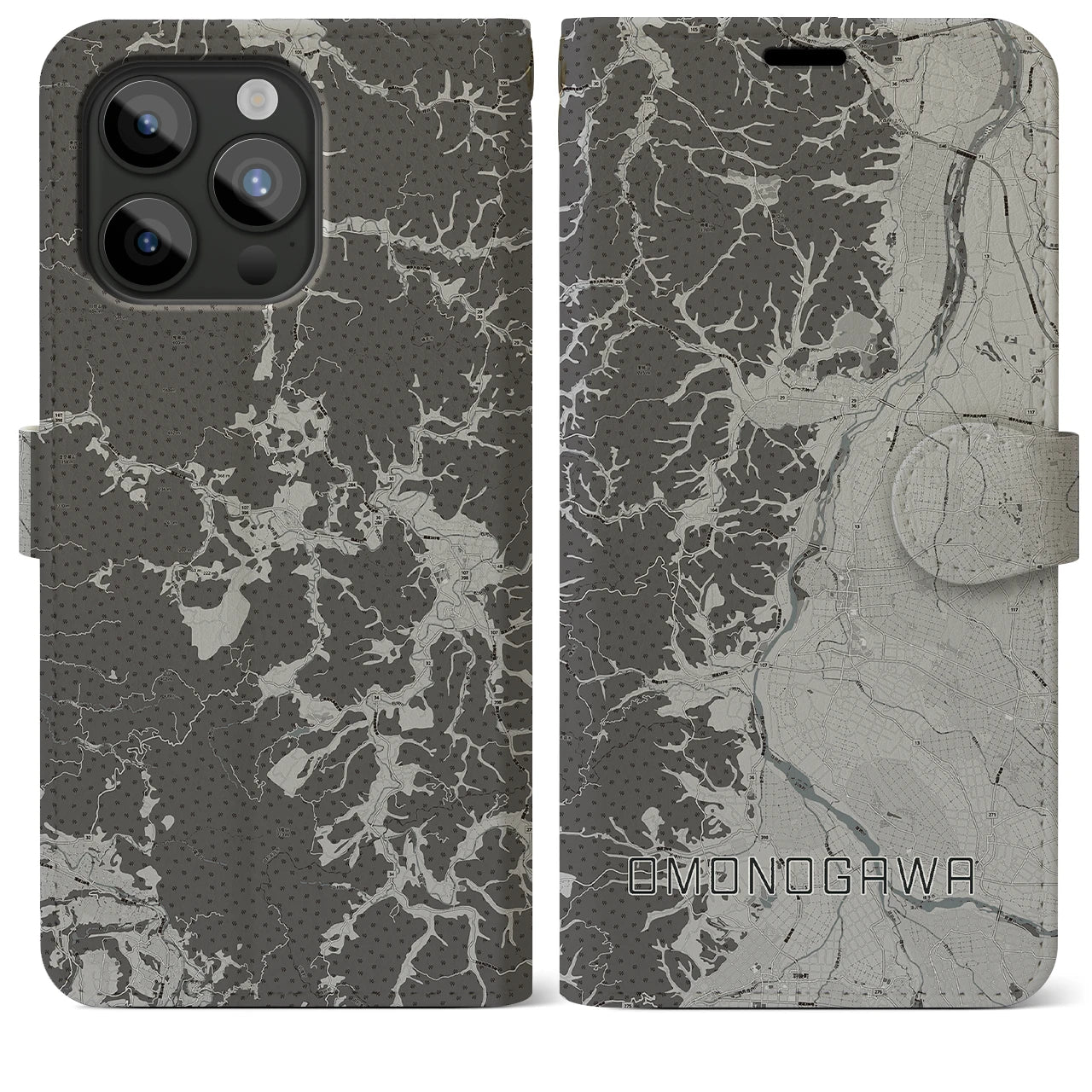 【雄物川(秋田県)】地図柄iPhoneケース(手帳タイプ)モノトーン・iPhone 15 Pro Max 用