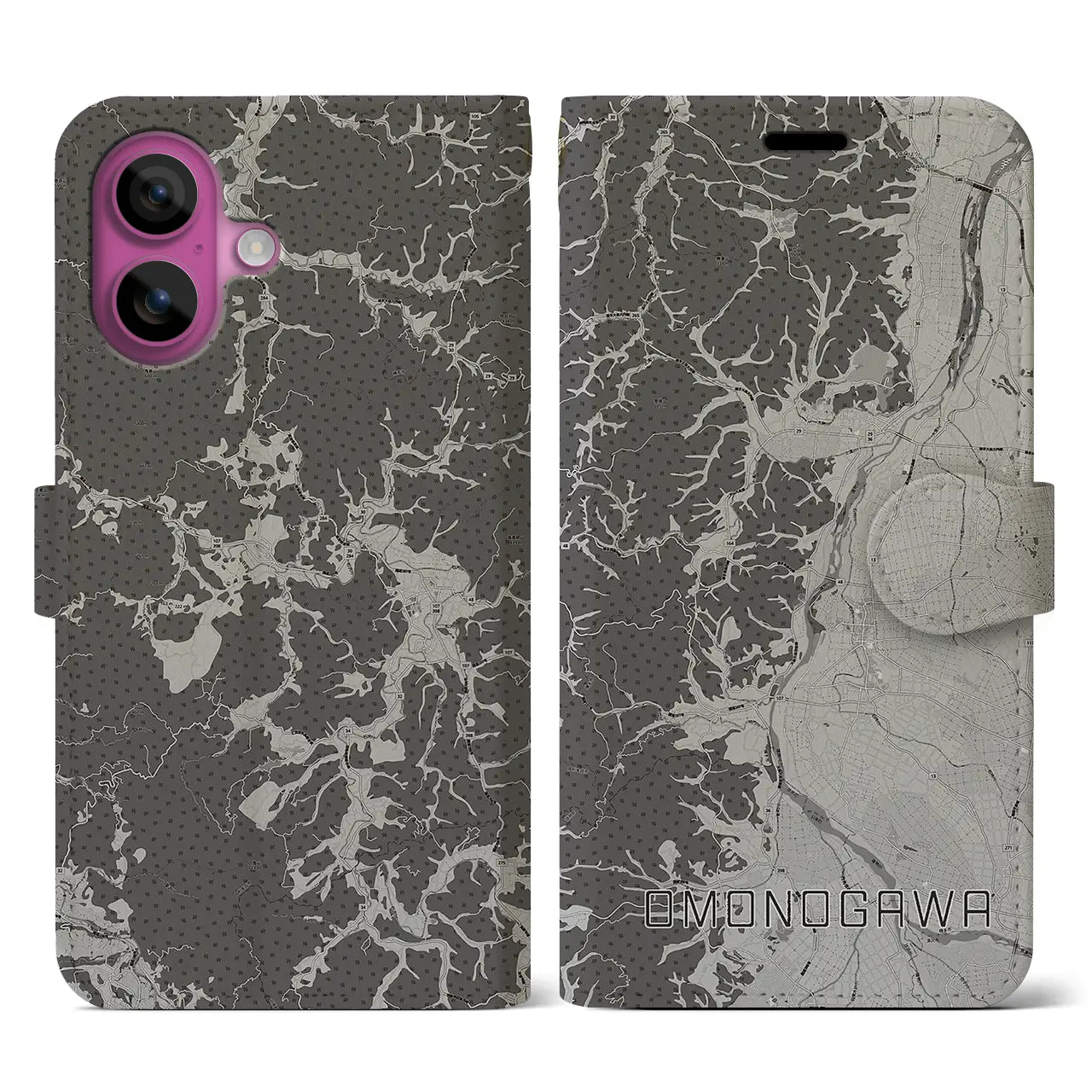 【雄物川(秋田県)】地図柄iPhoneケース(手帳タイプ)モノトーン・iPhone 16 Pro 用