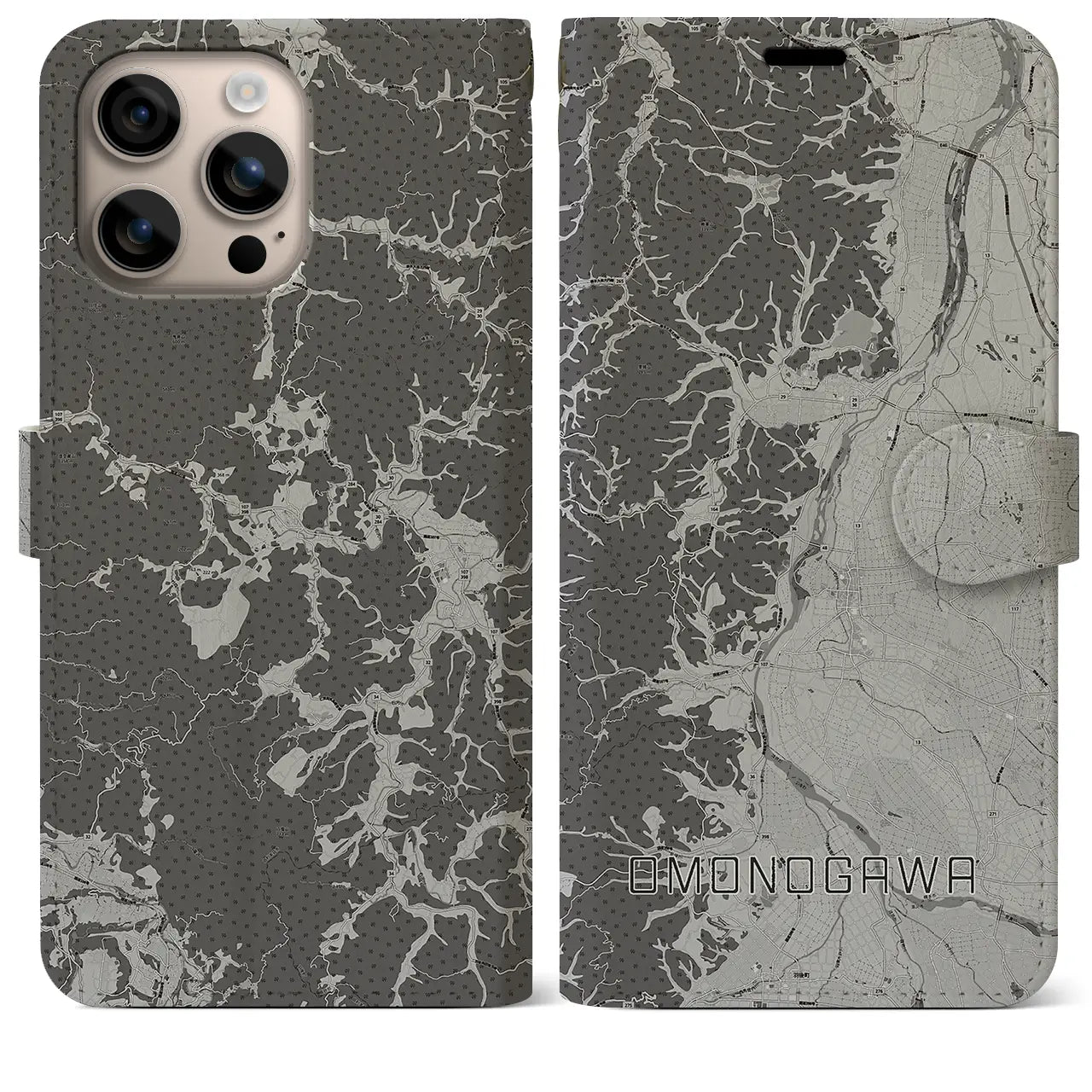 【雄物川(秋田県)】地図柄iPhoneケース(手帳タイプ)モノトーン・iPhone 16 Plus 用