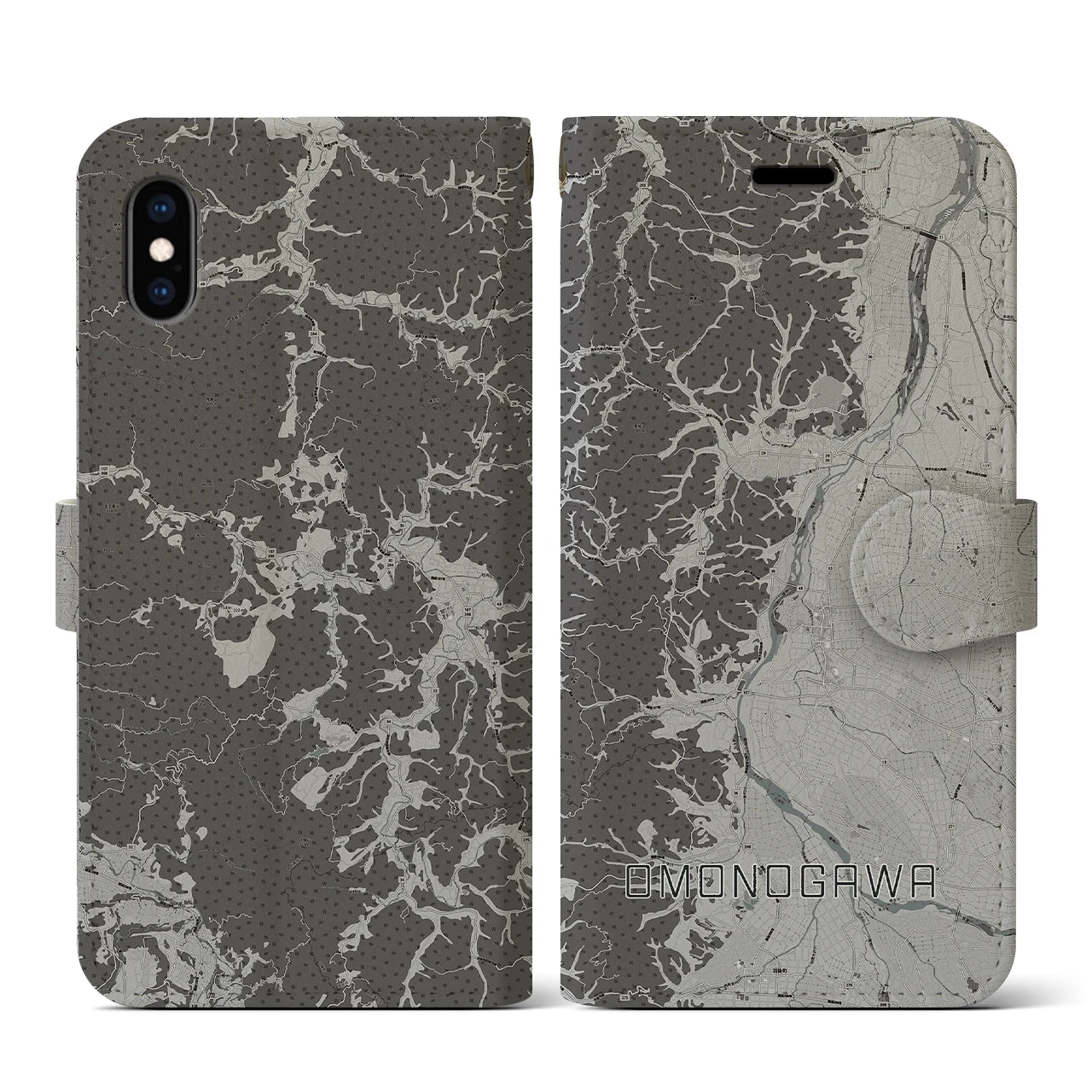 【雄物川(秋田県)】地図柄iPhoneケース(手帳タイプ)モノトーン・iPhone XS / X 用