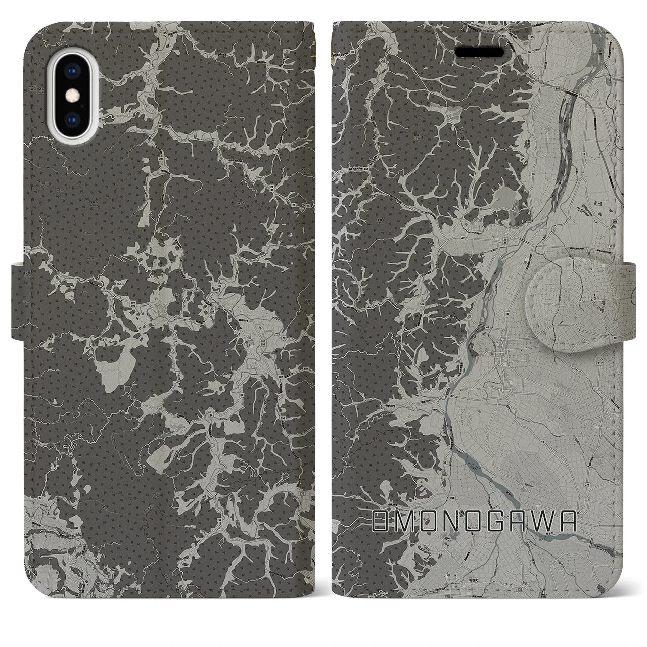 【雄物川(秋田県)】地図柄iPhoneケース(手帳タイプ)モノトーン・iPhone XS Max 用